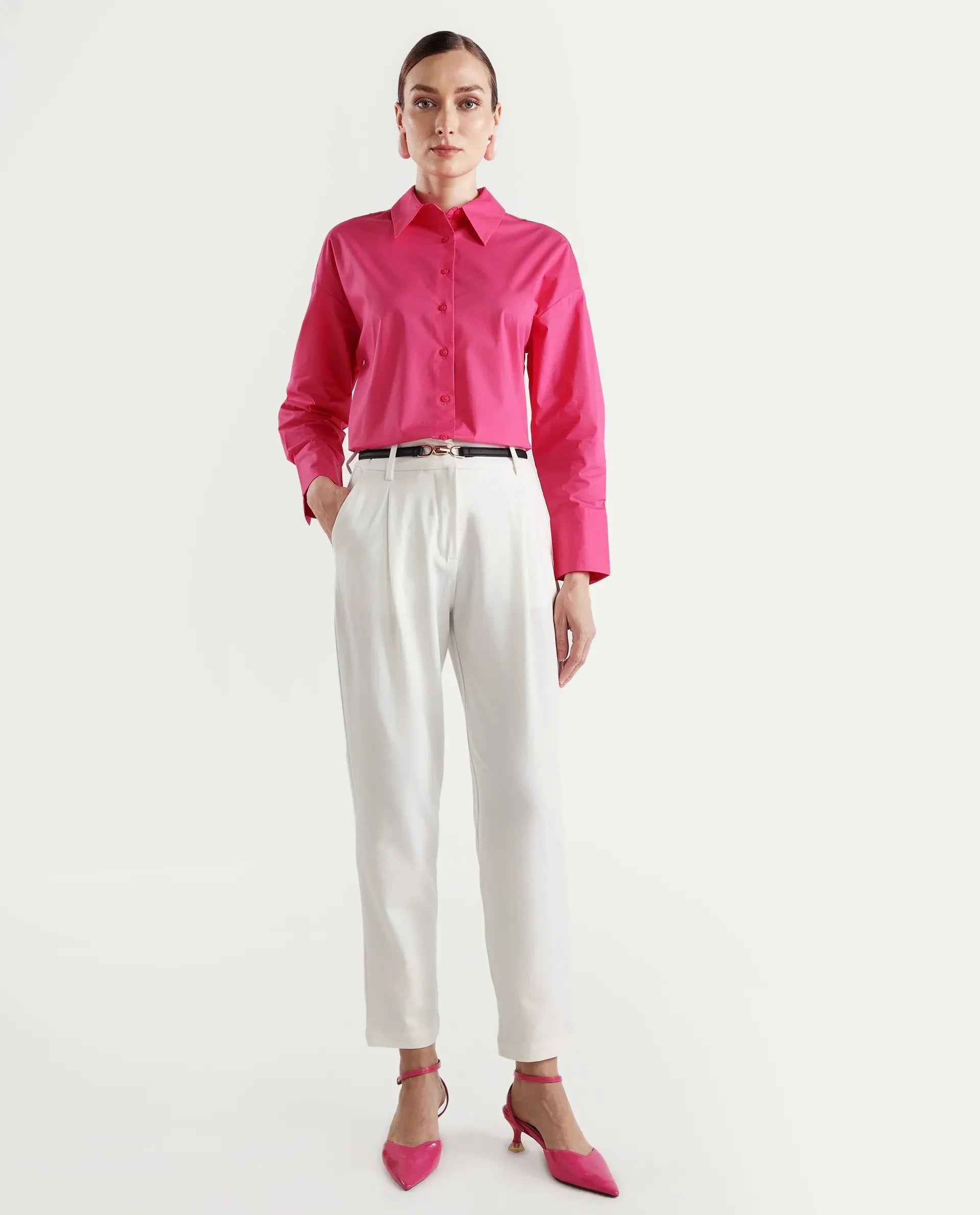 Rareism Women's Epnet Pink Cotton Blend Collared Plain Cuffed Sleeve Boxy Fit Shirt