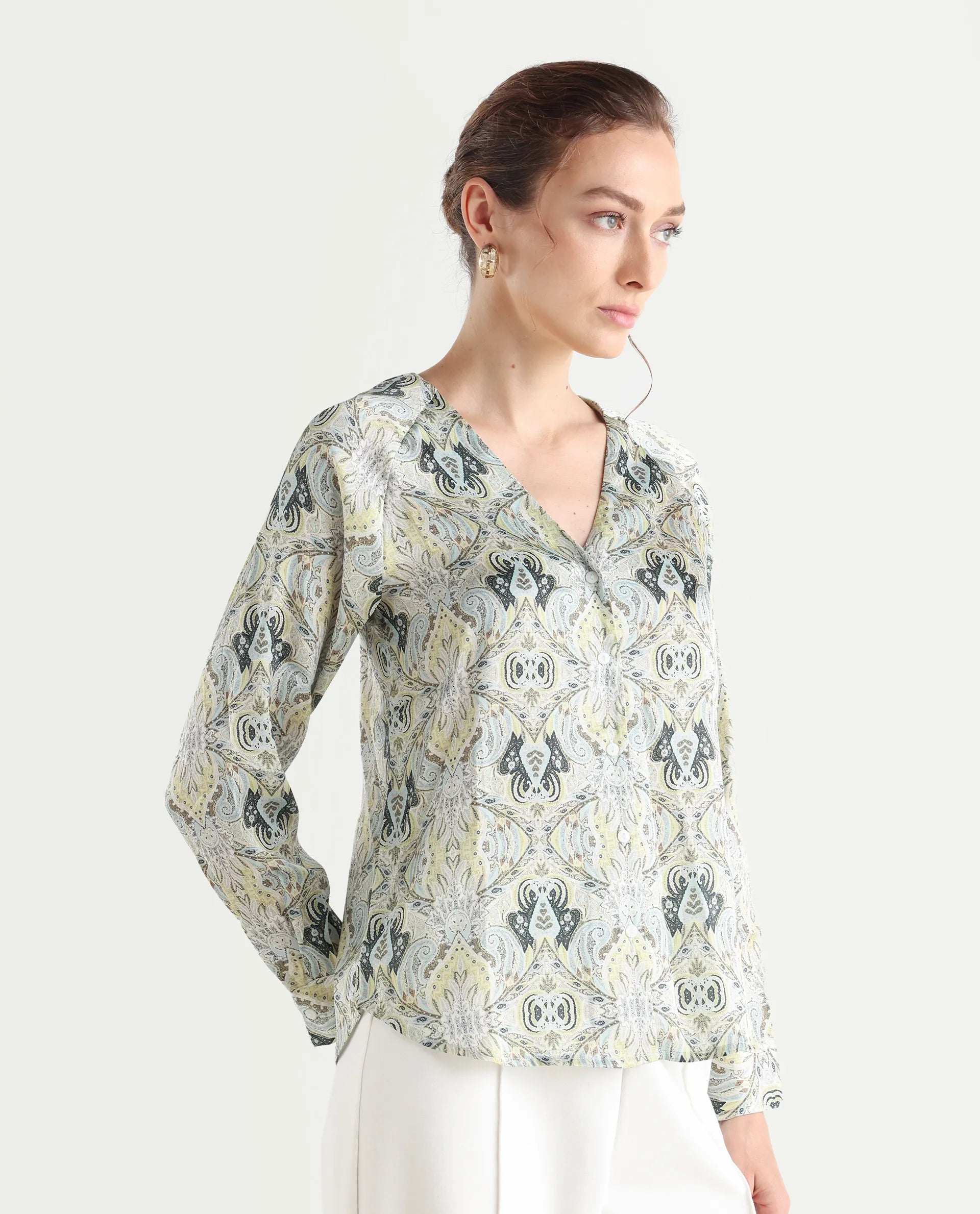 Rareism Women's Epoll Multi Satin Abstract Print Raglan Sleeve Relaxed Fit Top