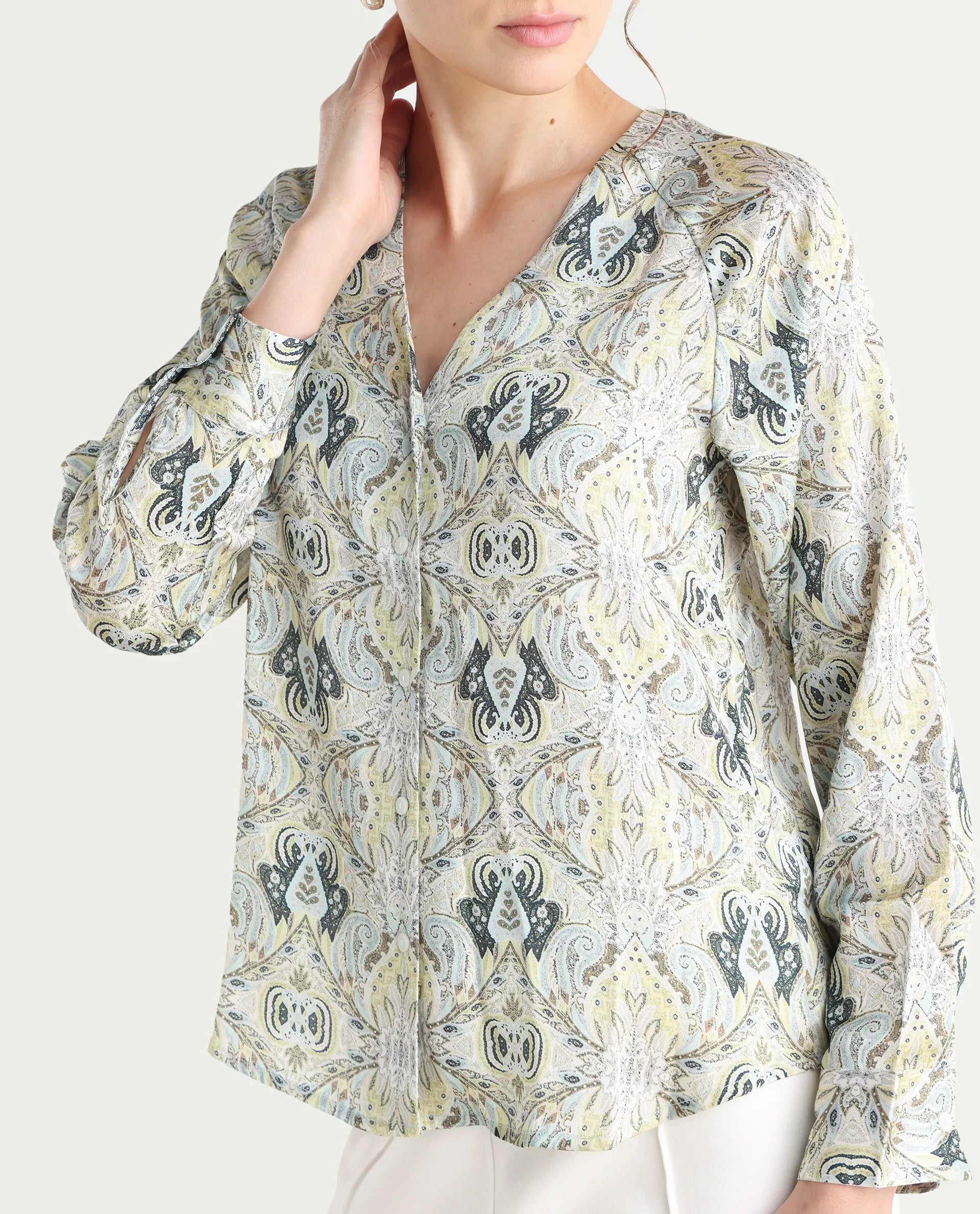 Rareism Women's Epoll Multi Satin Abstract Print Raglan Sleeve Relaxed Fit Top