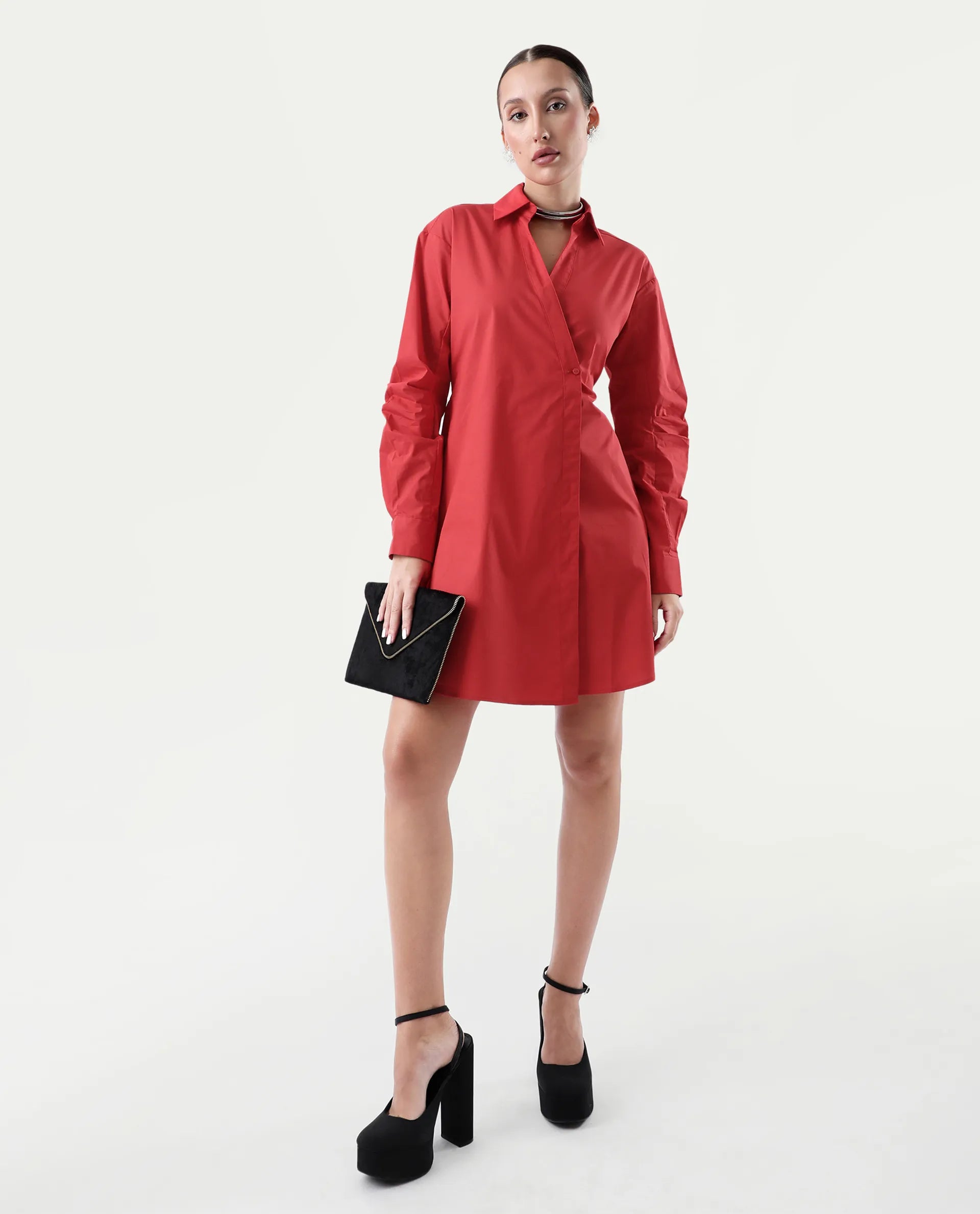 Rareism Women's Epops Red Polyester Blend Collared Plain Cuffed Sleeve Knee Length A-Line Dress