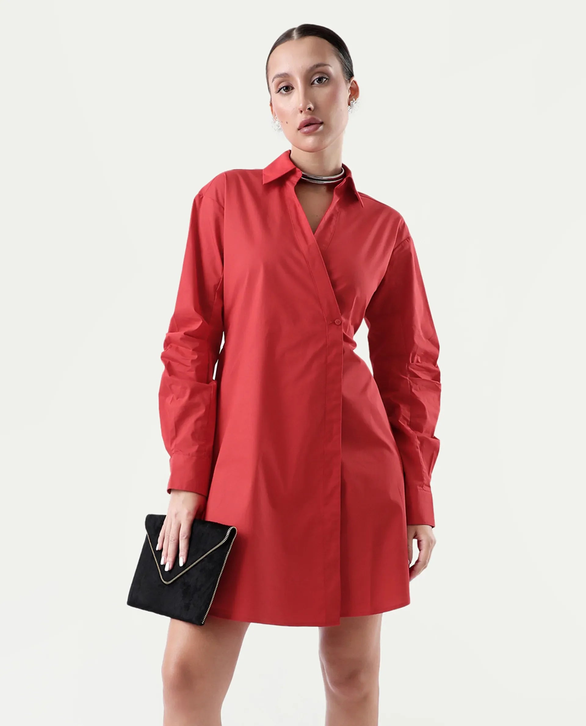 Rareism Women's Epops Red Polyester Blend Collared Plain Cuffed Sleeve Knee Length A-Line Dress