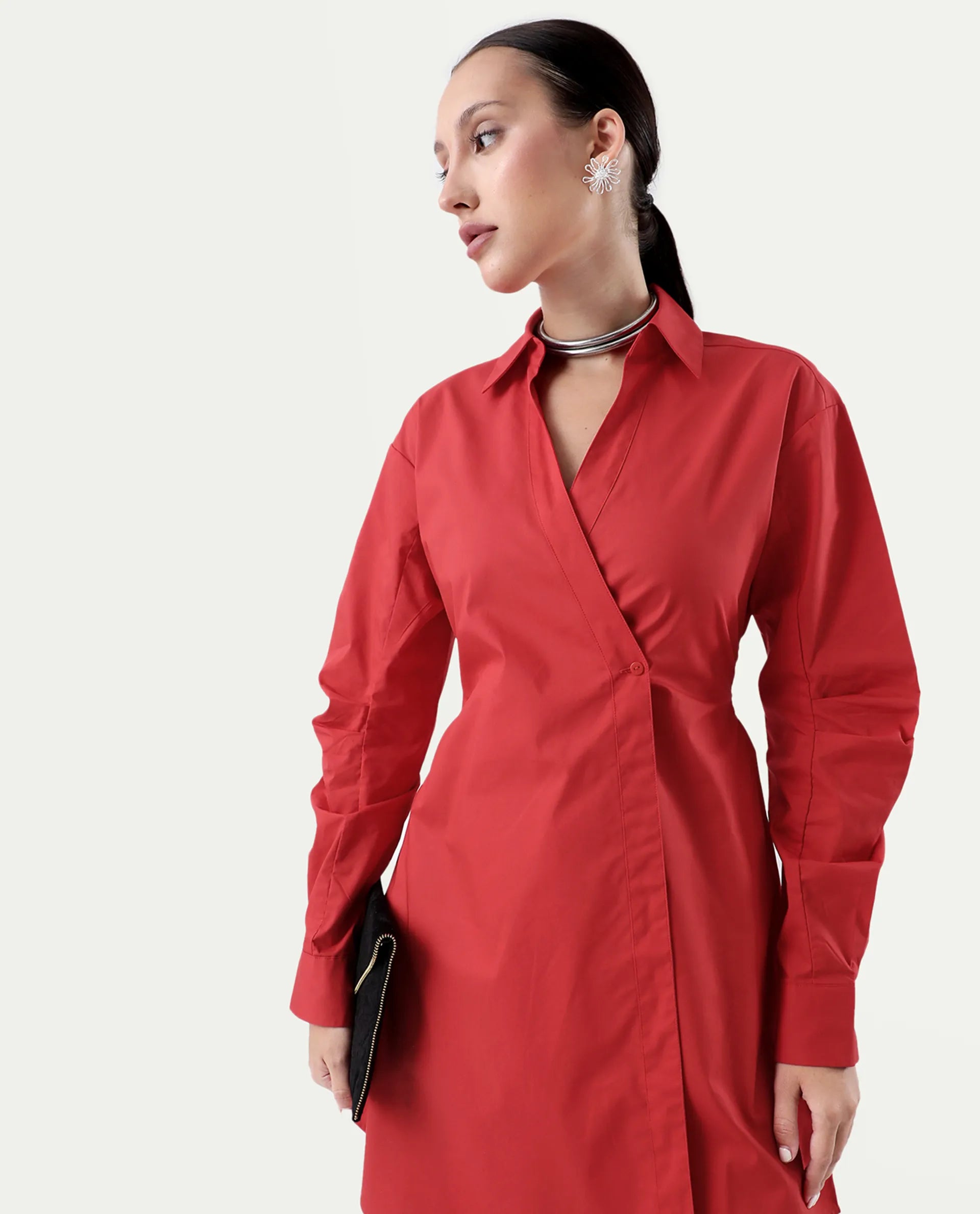 Rareism Women's Epops Red Polyester Blend Collared Plain Cuffed Sleeve Knee Length A-Line Dress