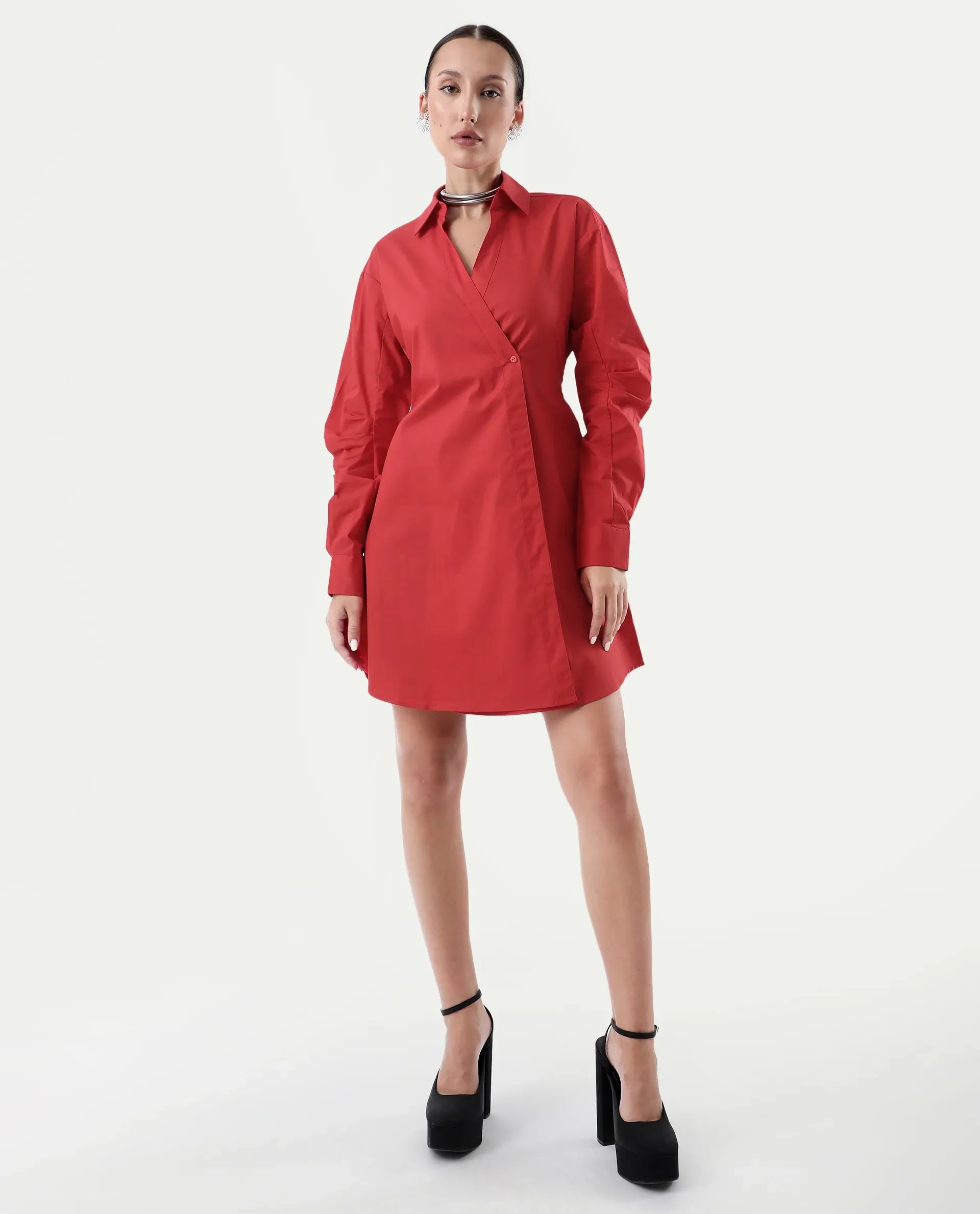 Rareism Women's Epops Red Polyester Blend Collared Plain Cuffed Sleeve Knee Length A-Line Dress