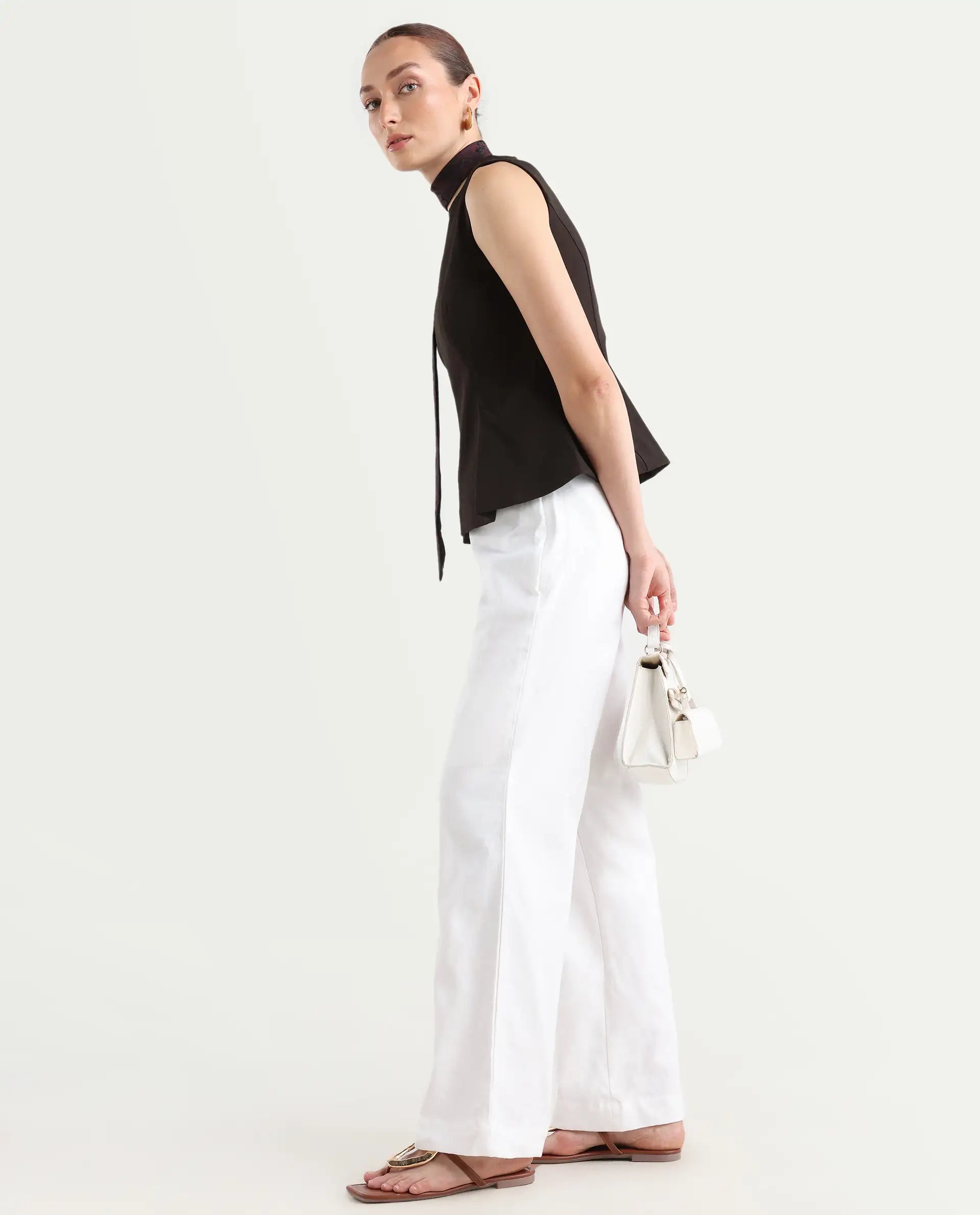 Rareism Women's Epors White Linen Plain Ankle Length Straight Fit Trouser