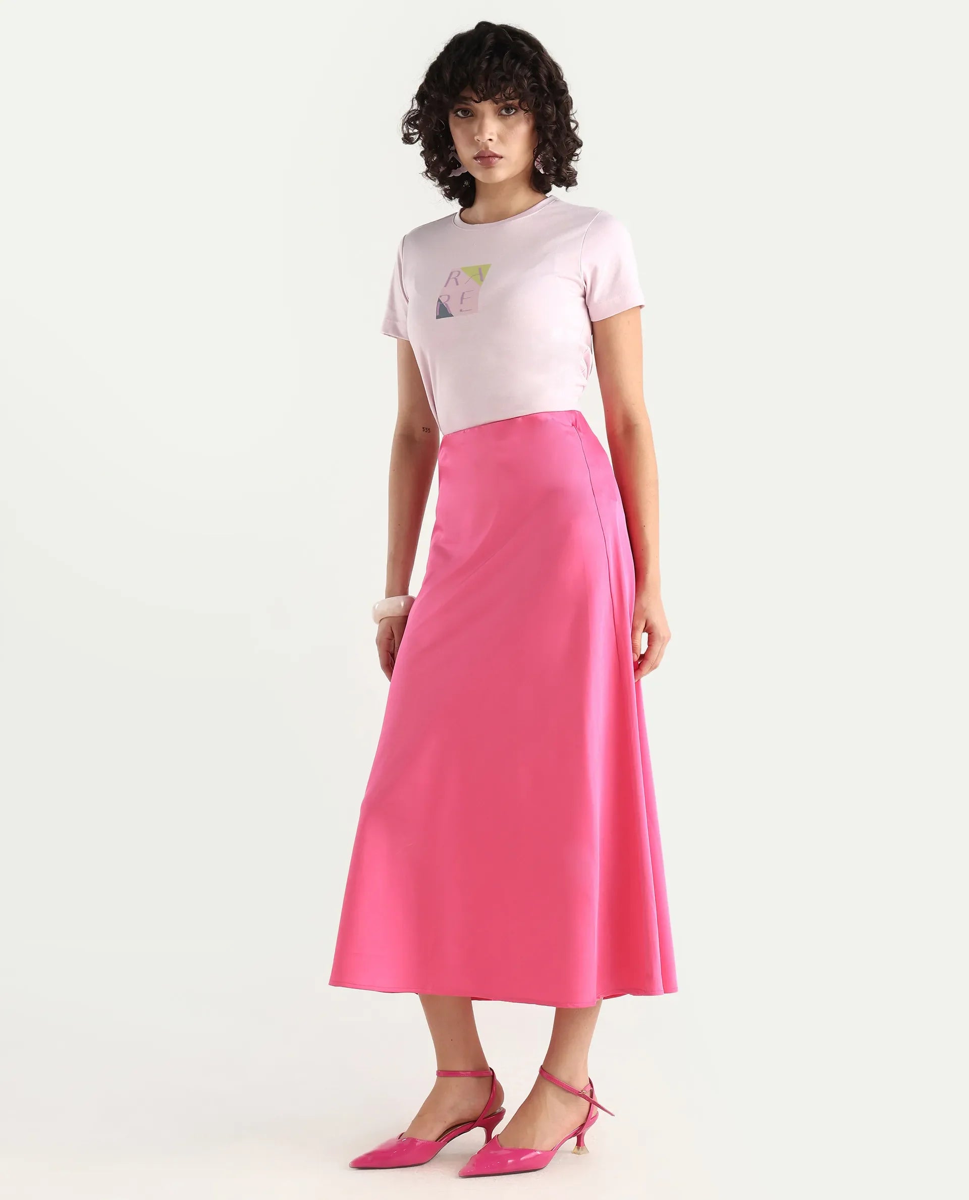 Rareism Women's Eprim Pink modal Plain Maxi A-Line Skirt