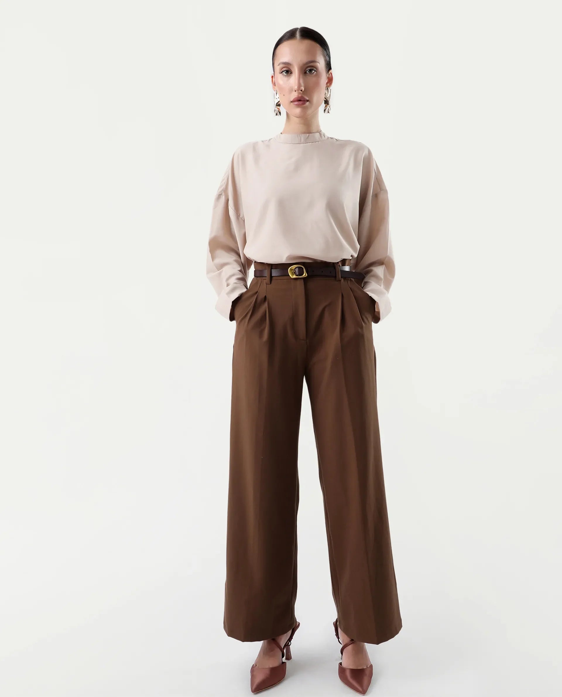 Rareism Women's Epsis Beige Cotton Plain Oversized Top