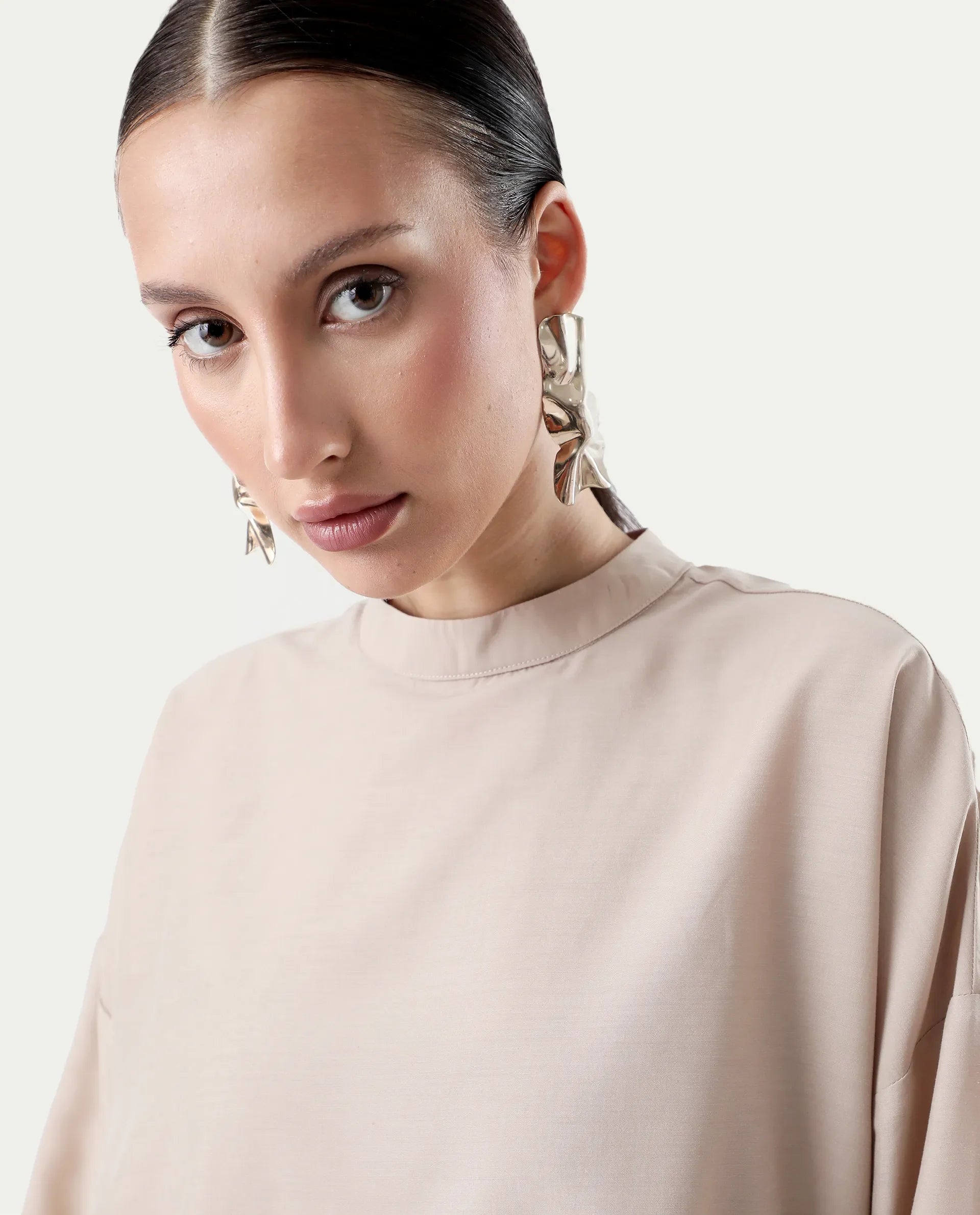 Rareism Women's Epsis Beige Cotton Plain Oversized Top