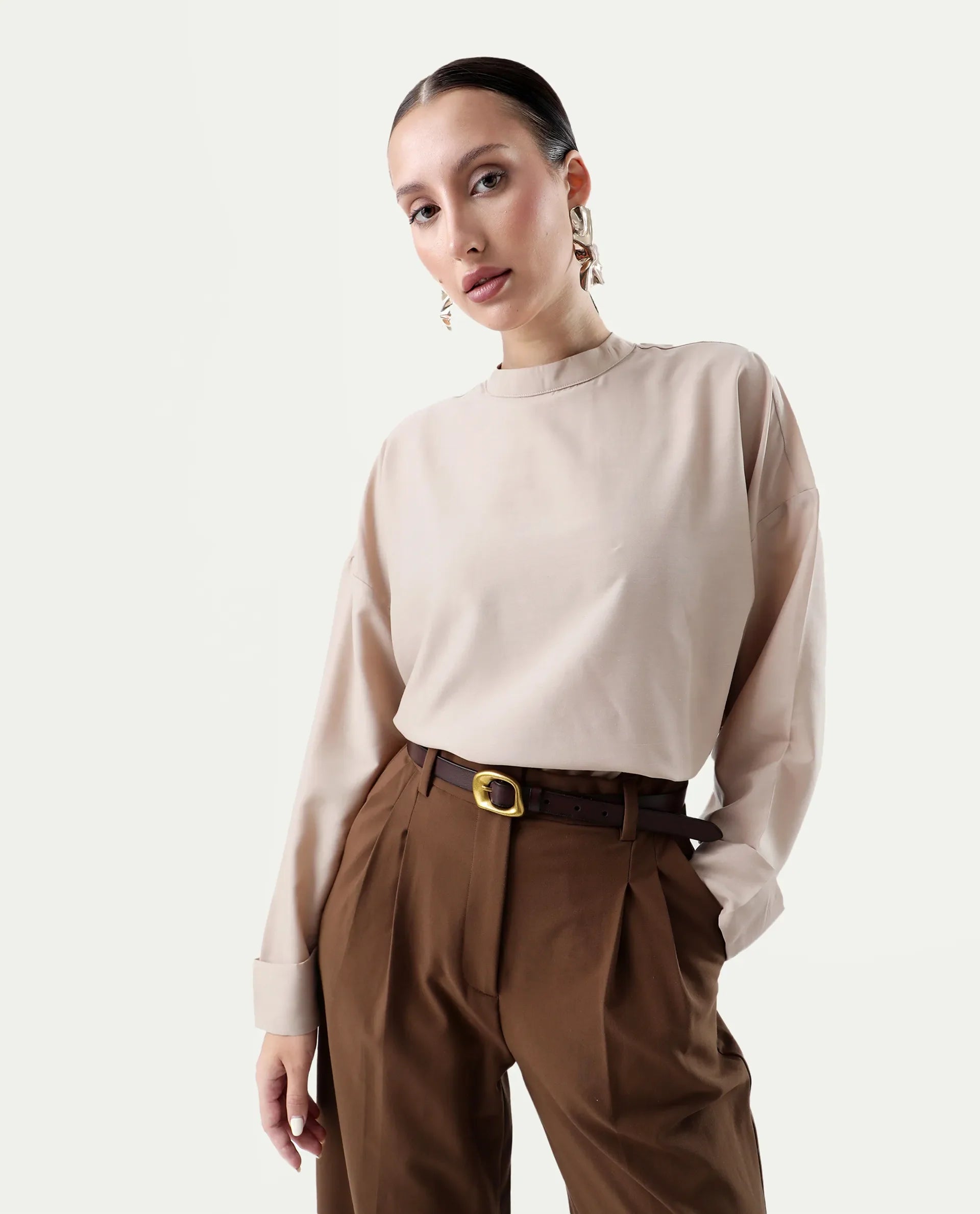 Rareism Women's Epsis Beige Cotton Plain Oversized Top