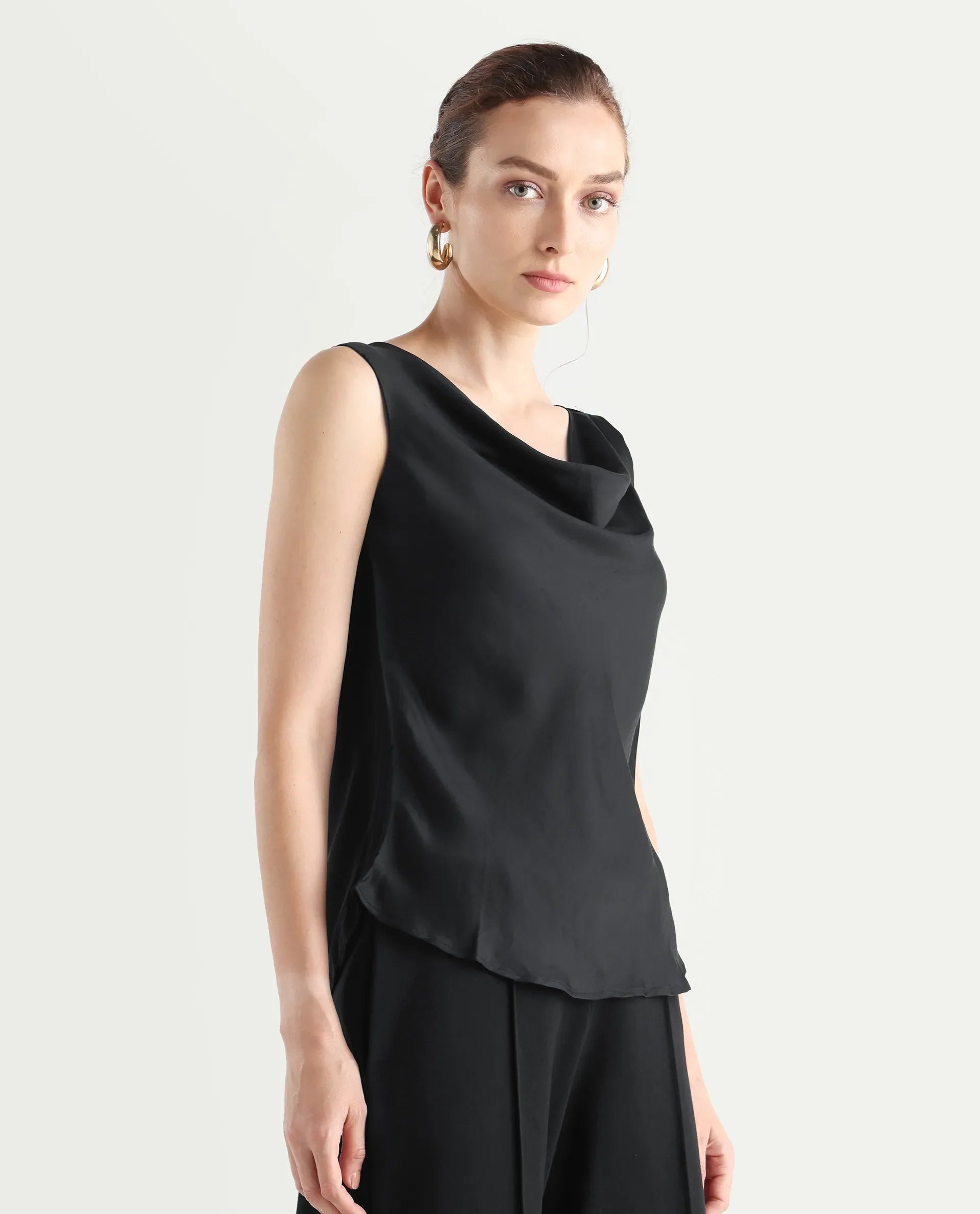 Rareism Women's Epuke Black Polyester Boat Neck Plain Sleeveless Regular Fit Top