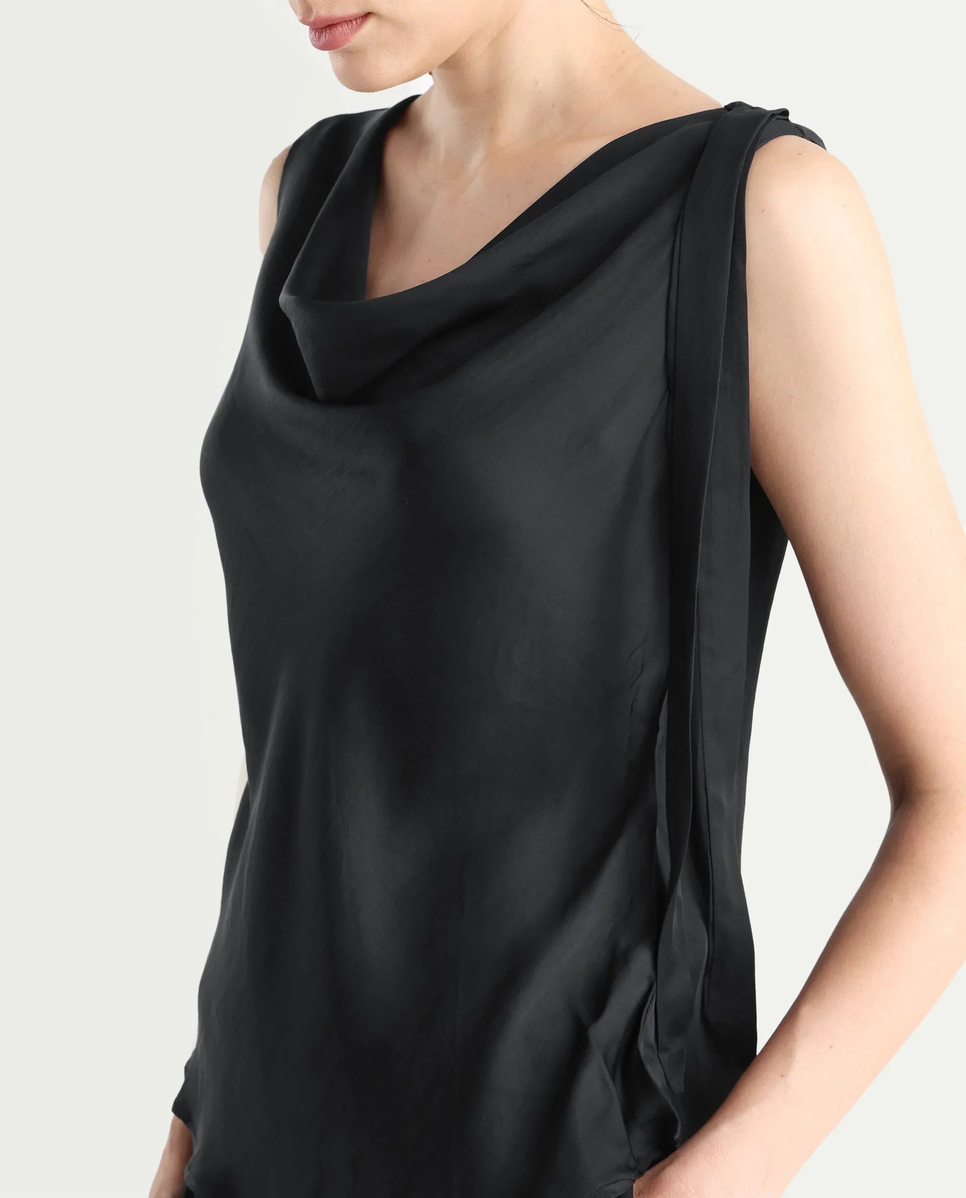 Rareism Women's Epuke Black Satin Boat Neck Plain Sleeveless Regular Fit Top