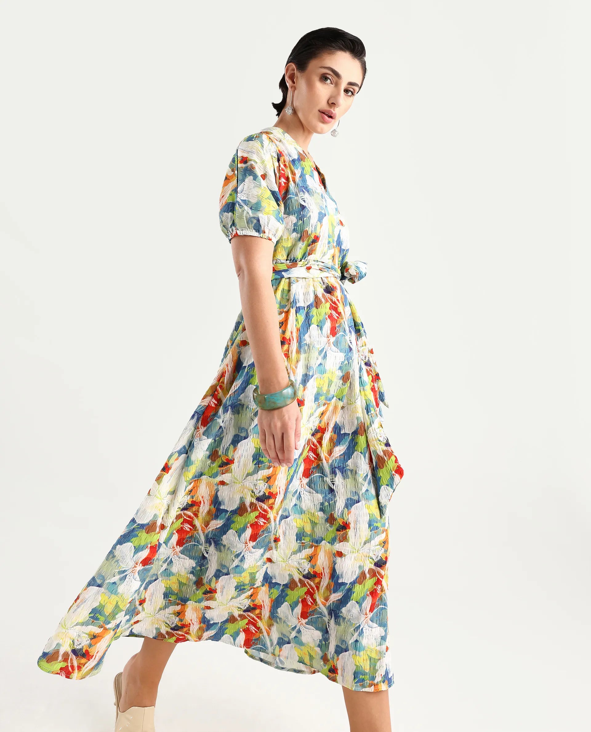 Rareism Women's Epure Multi Polyester V-Neck Abstract Print Extended Sleeves Midi A-Line Dress