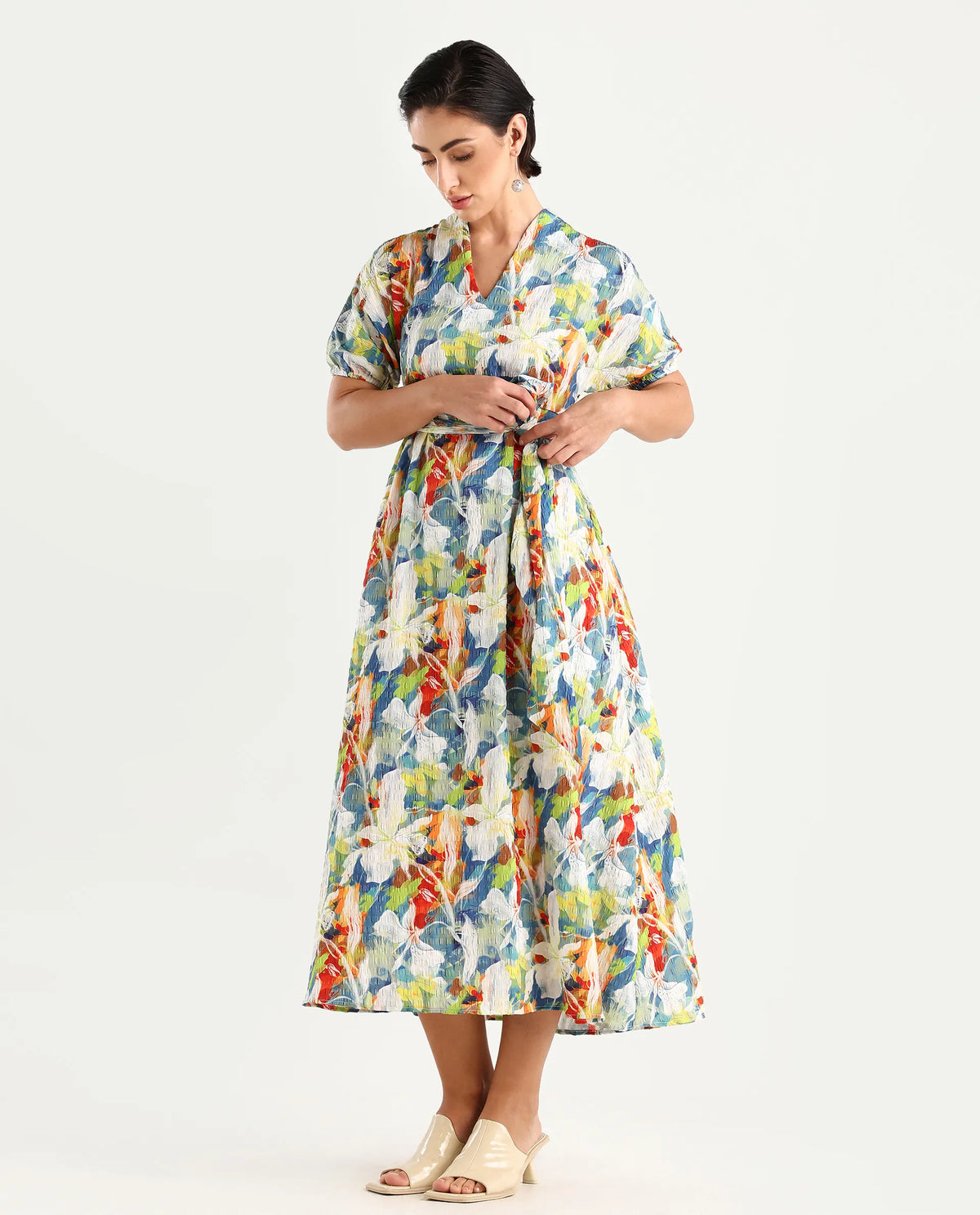 Rareism Women's Epure Multi Polyester V-Neck Abstract Print Extended Sleeves Midi A-Line Dress