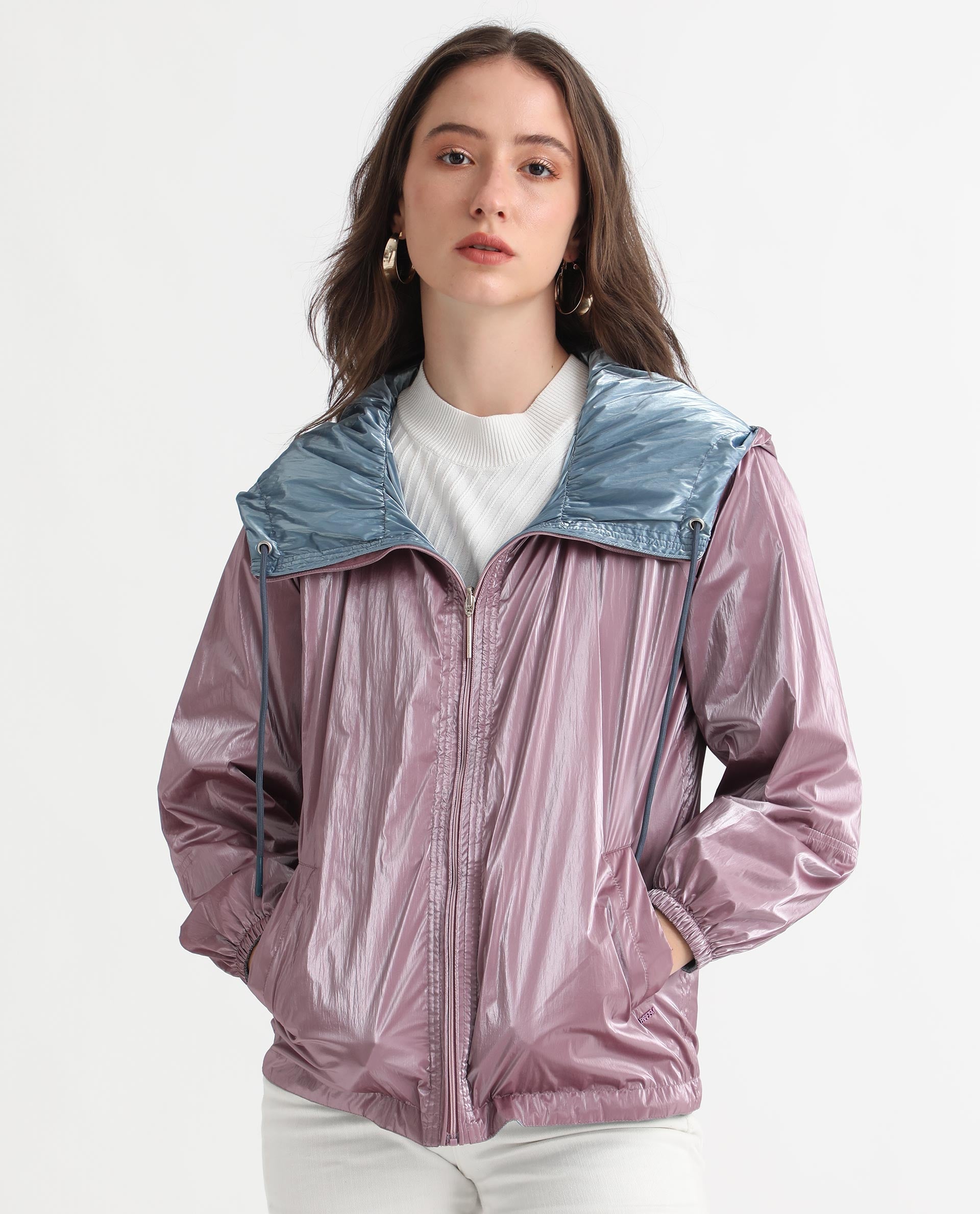 Rareism Women's Erber Pink Polyester Hooded Plain Balloon Sleeve Regular Fit Jacket