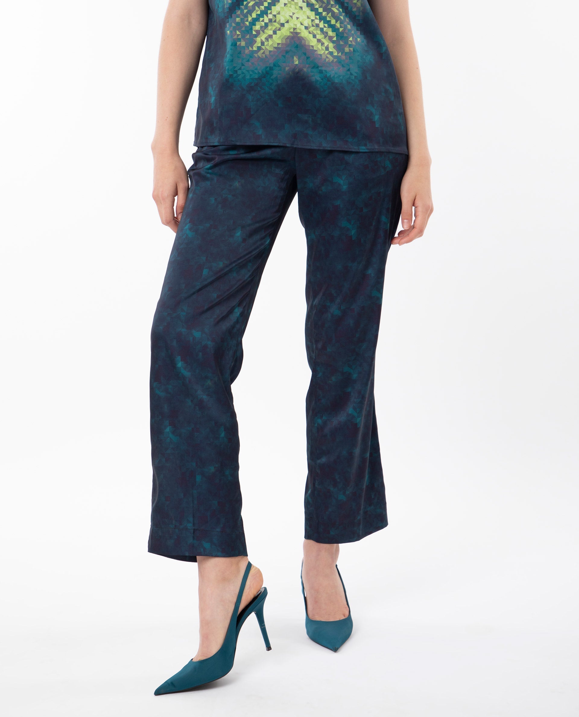 Rareism Women's Erent Blue Polyester Abstract Print Ankle Length Relaxed Fit Trouser
