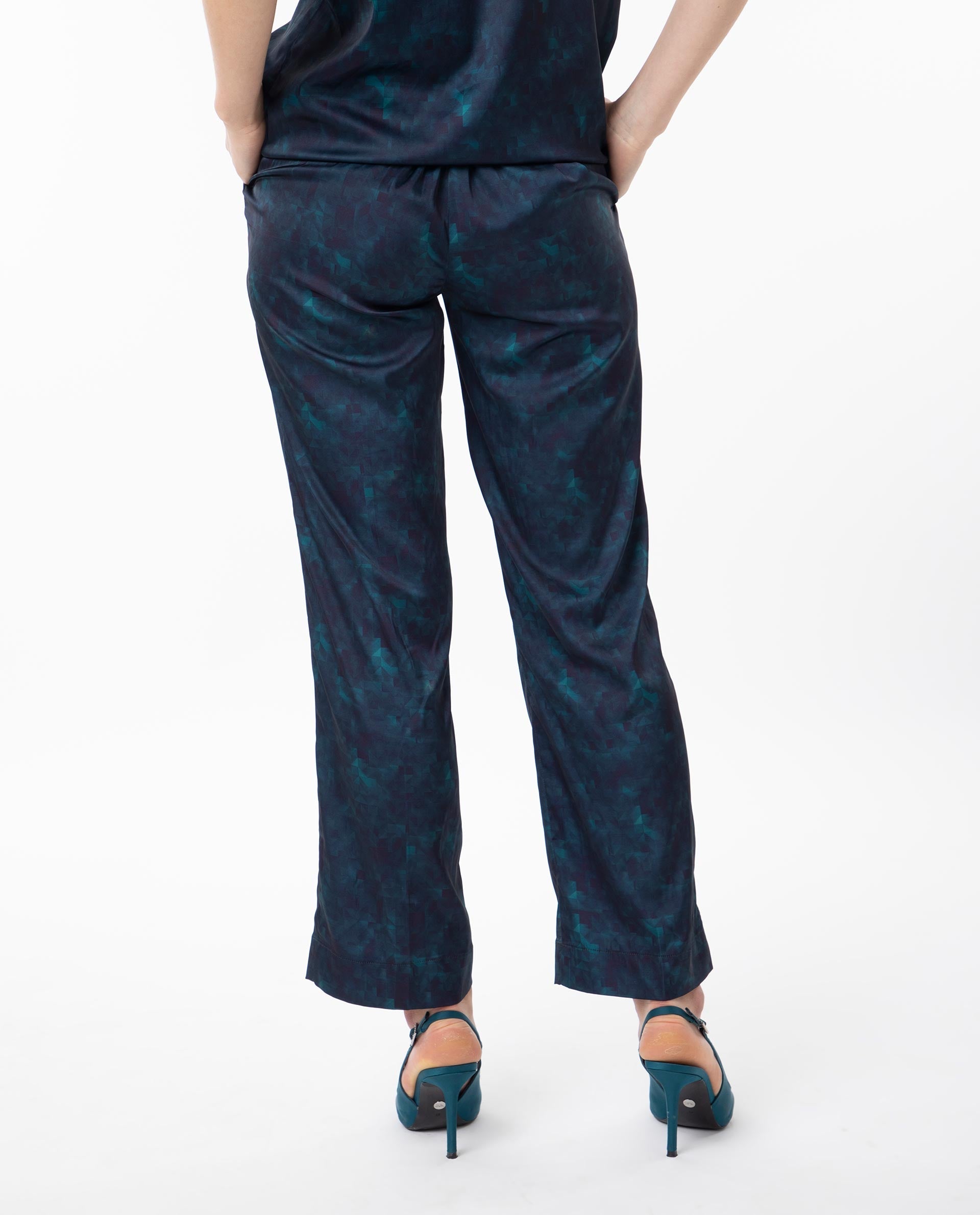 Rareism Women's Erent Blue Polyester Abstract Print Ankle Length Relaxed Fit Trouser