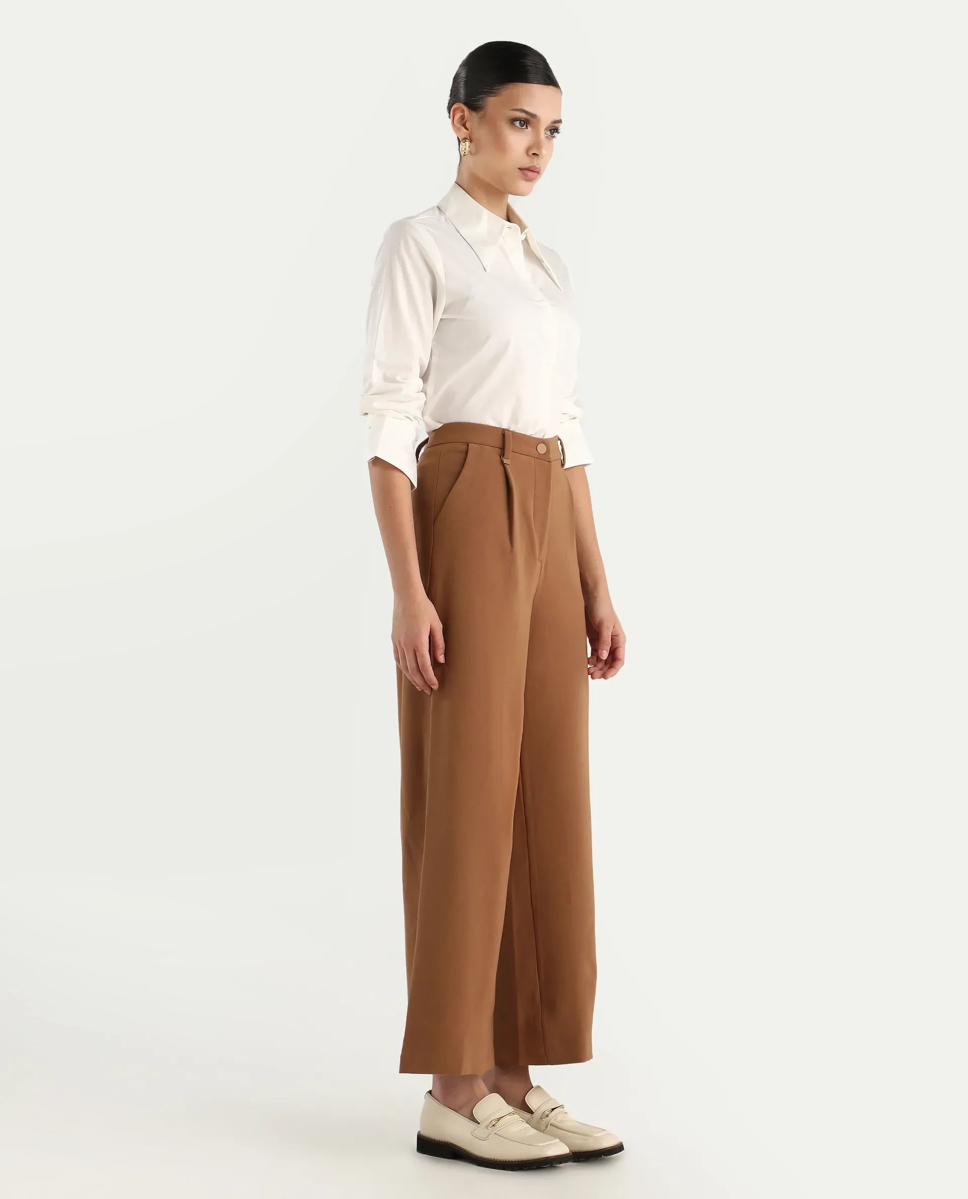 Rareism Women's Erica - Beige Polyester Blend Plain Ankle Length Wide Trouser