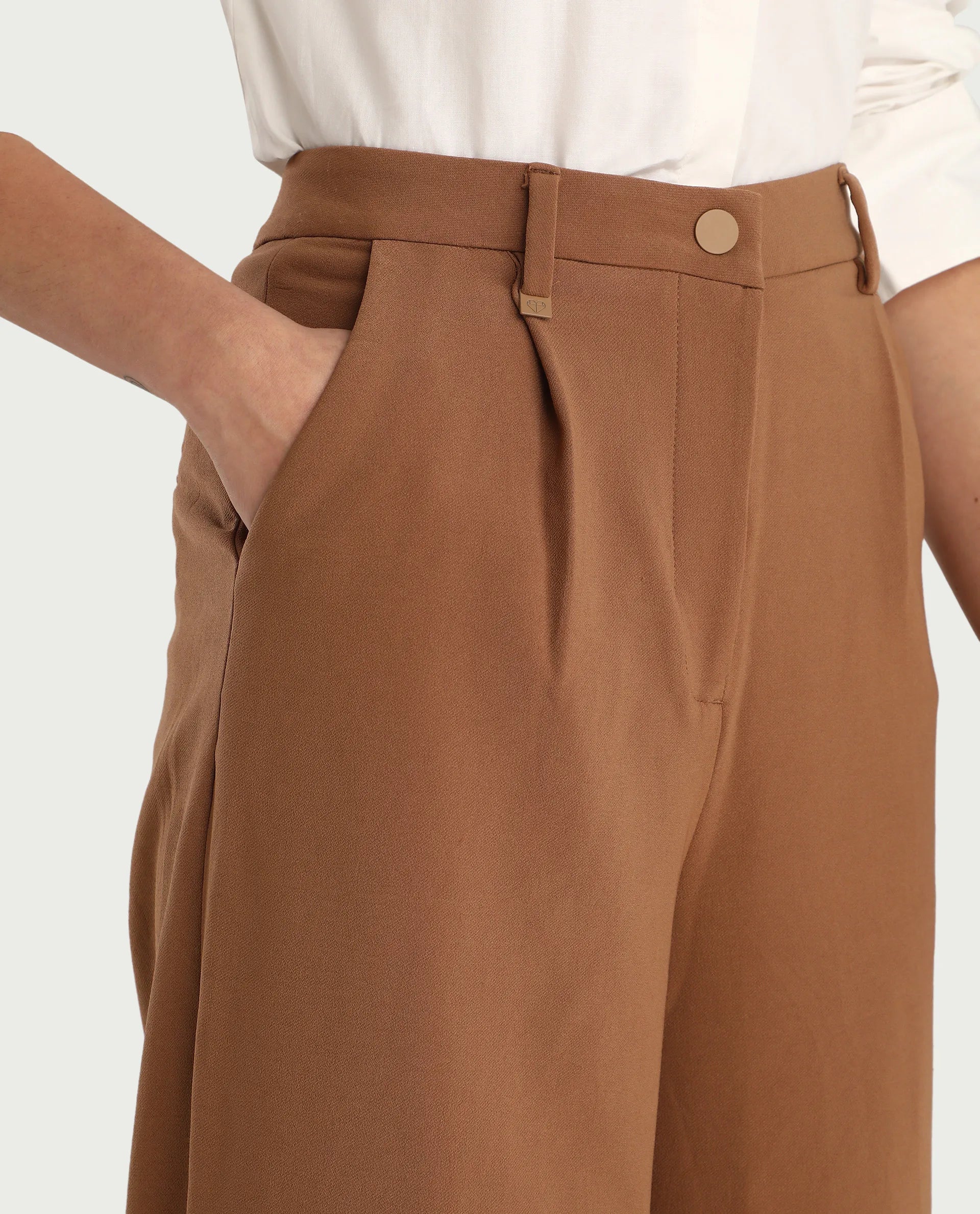 Rareism Women's Erica - Beige Polyester Blend Plain Ankle Length Wide Trouser