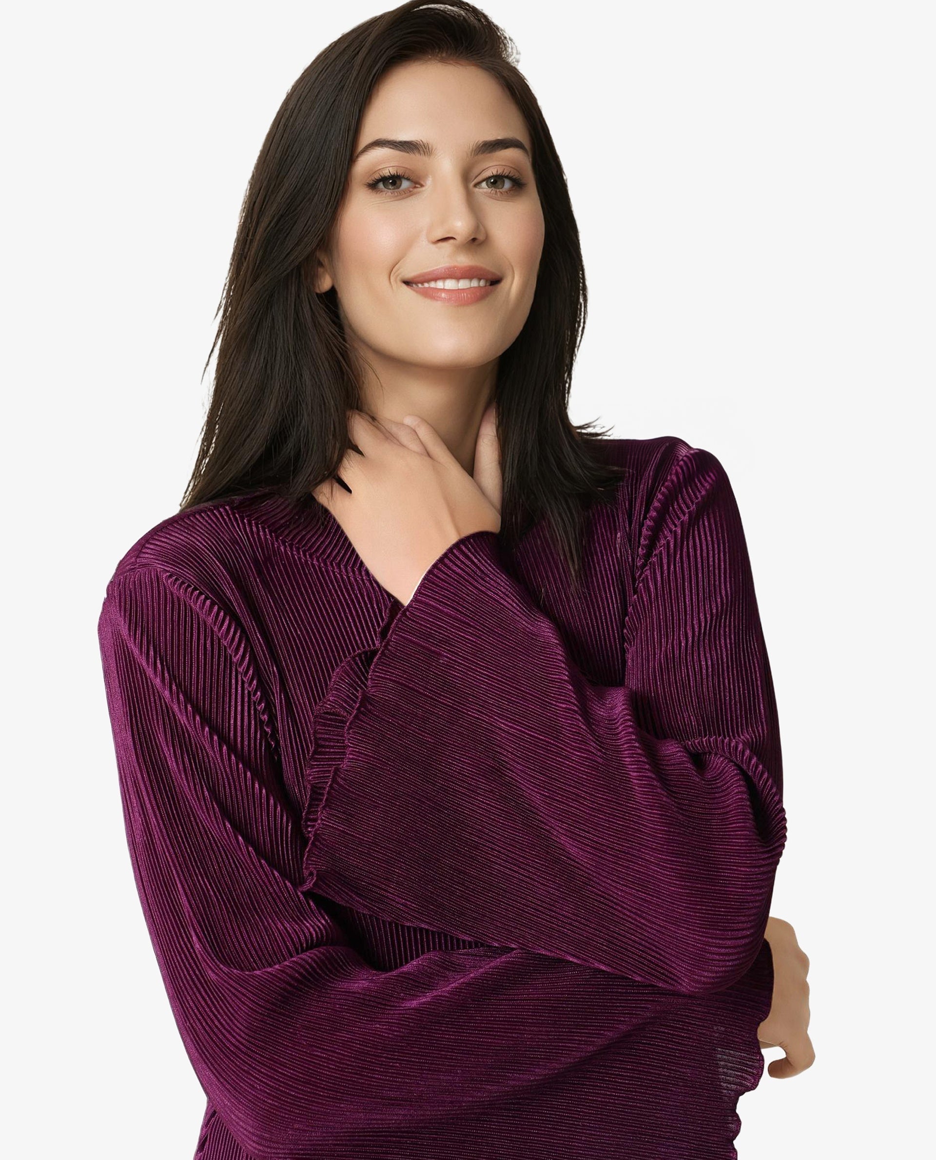 Rareism Women's Erica Maroon Crew Neck Plain Bell Sleeve Knee Length Regular Fit Dress