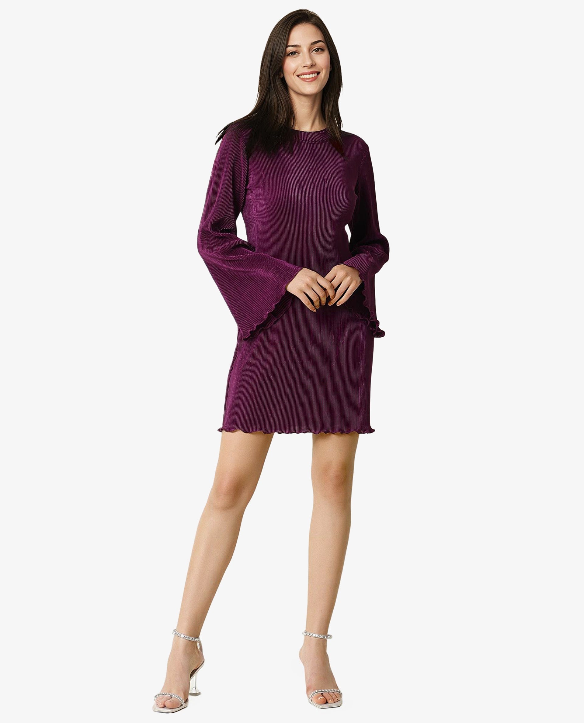 Rareism Women Erica Maroon High Neck Bell Sleeves Mini Dress