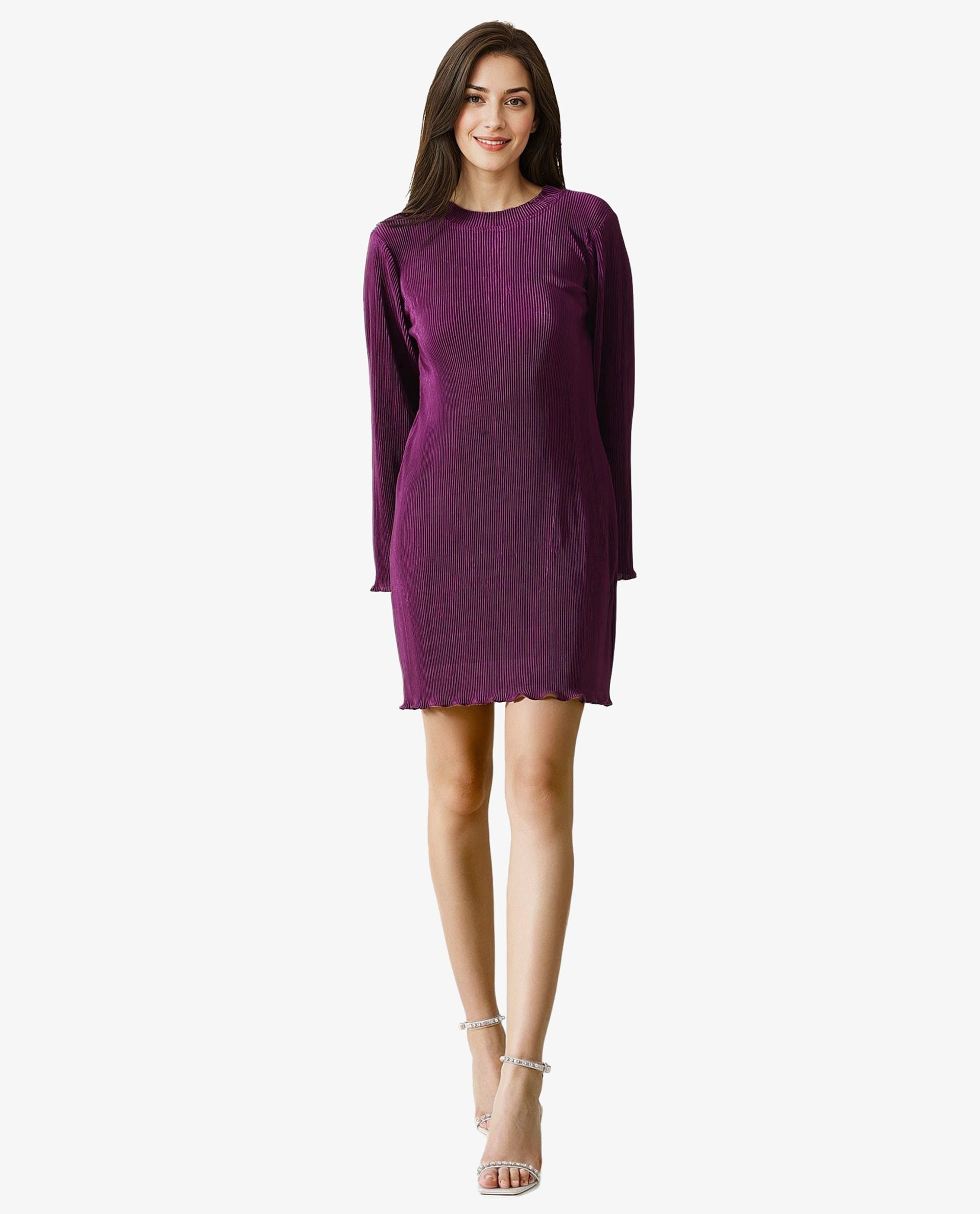 Rareism Women Erica Maroon High Neck Bell Sleeves Mini Dress
