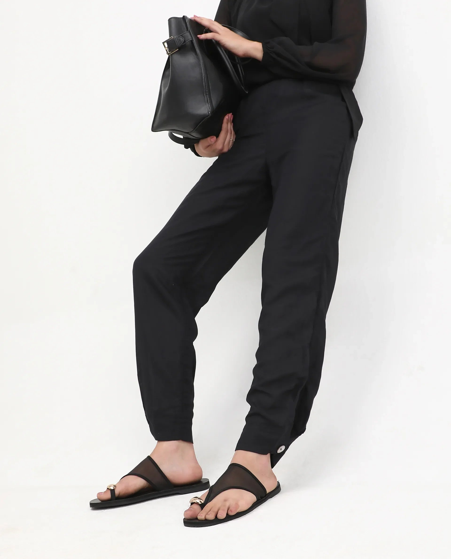 Rareism Women's Erin Black Cotton Linen Plain Ankle Length Tailored Trouser