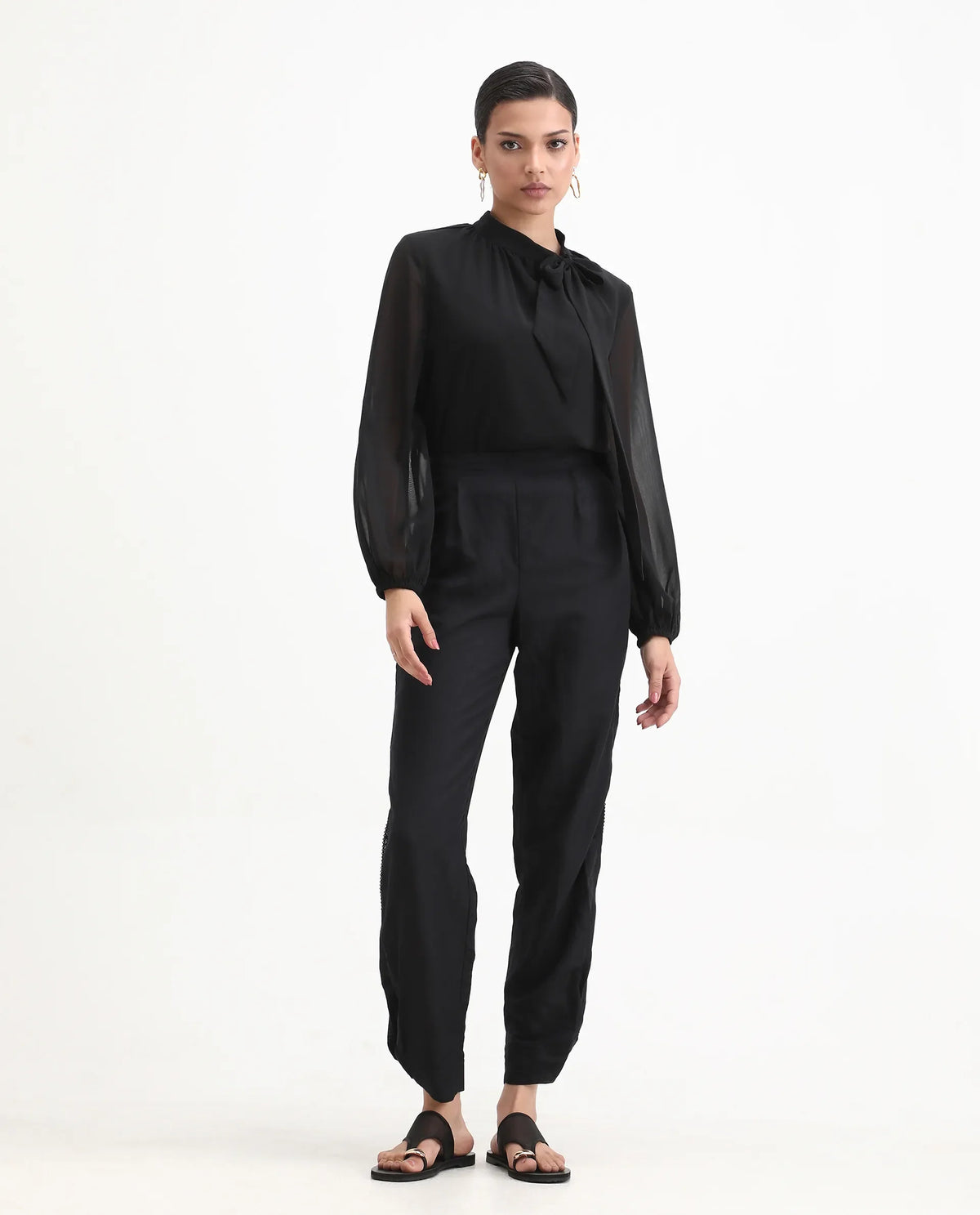 Rareism Women's Erin Black Cotton Linen Plain Ankle Length Tailored Trouser