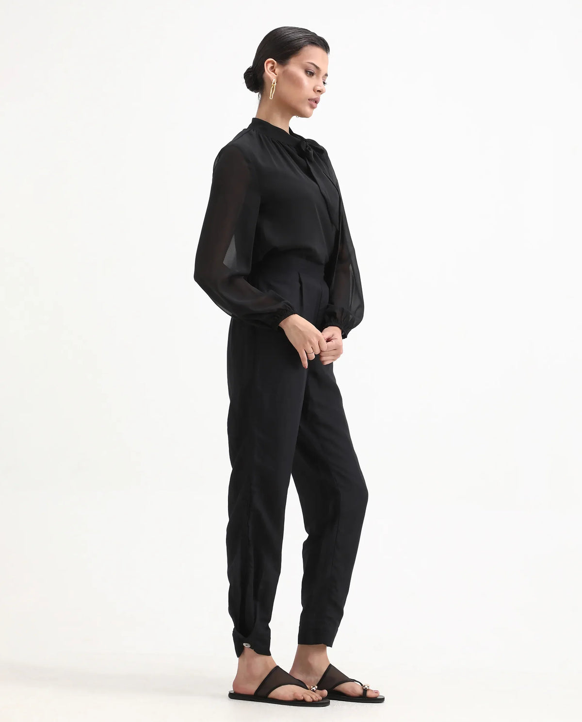 Rareism Women's Erin Black Cotton Linen Plain Ankle Length Tailored Trouser