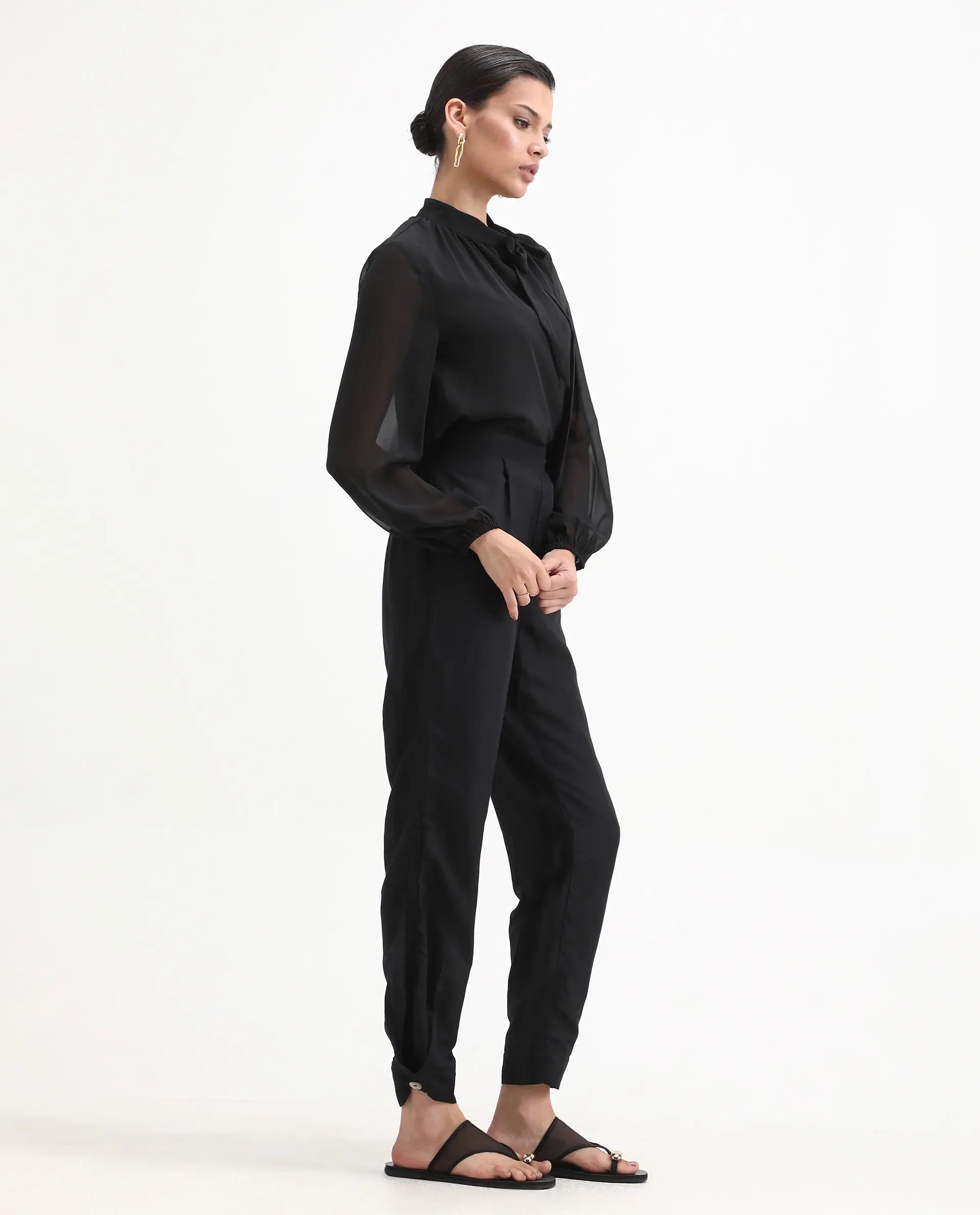 Rareism Women's Erin Black Cotton Linen Plain Ankle Length Tailored Trouser