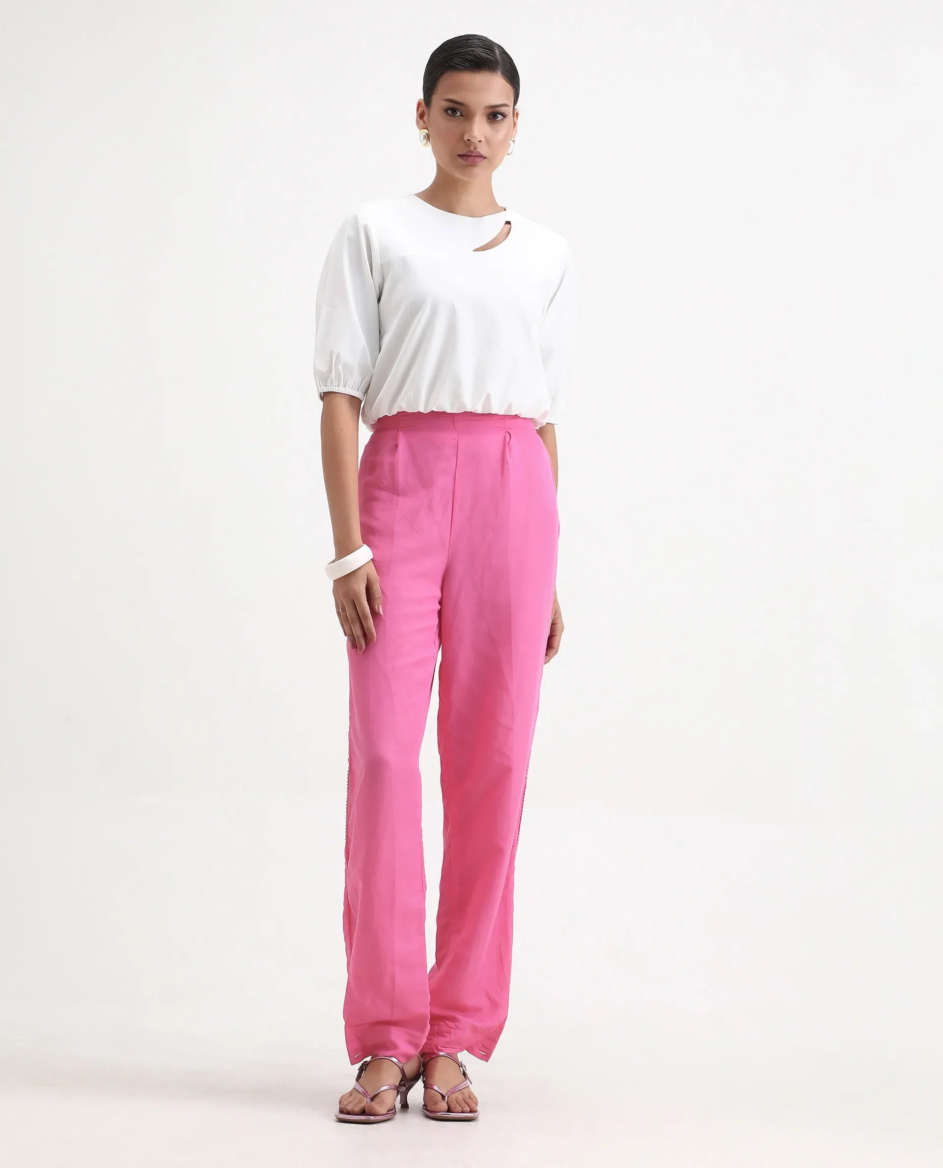 Rareism Women's Erin Pink Cotton Linen Plain Ankle Length Tailored Trouser