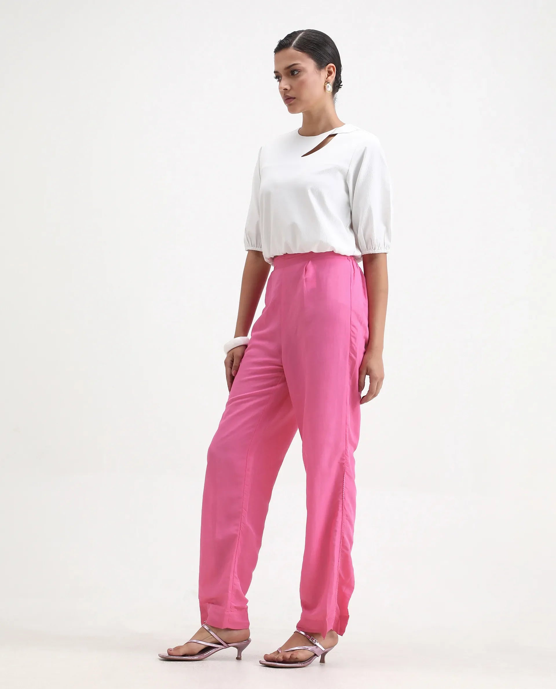 Rareism Women's Erin Pink Cotton Linen Plain Ankle Length Tailored Trouser