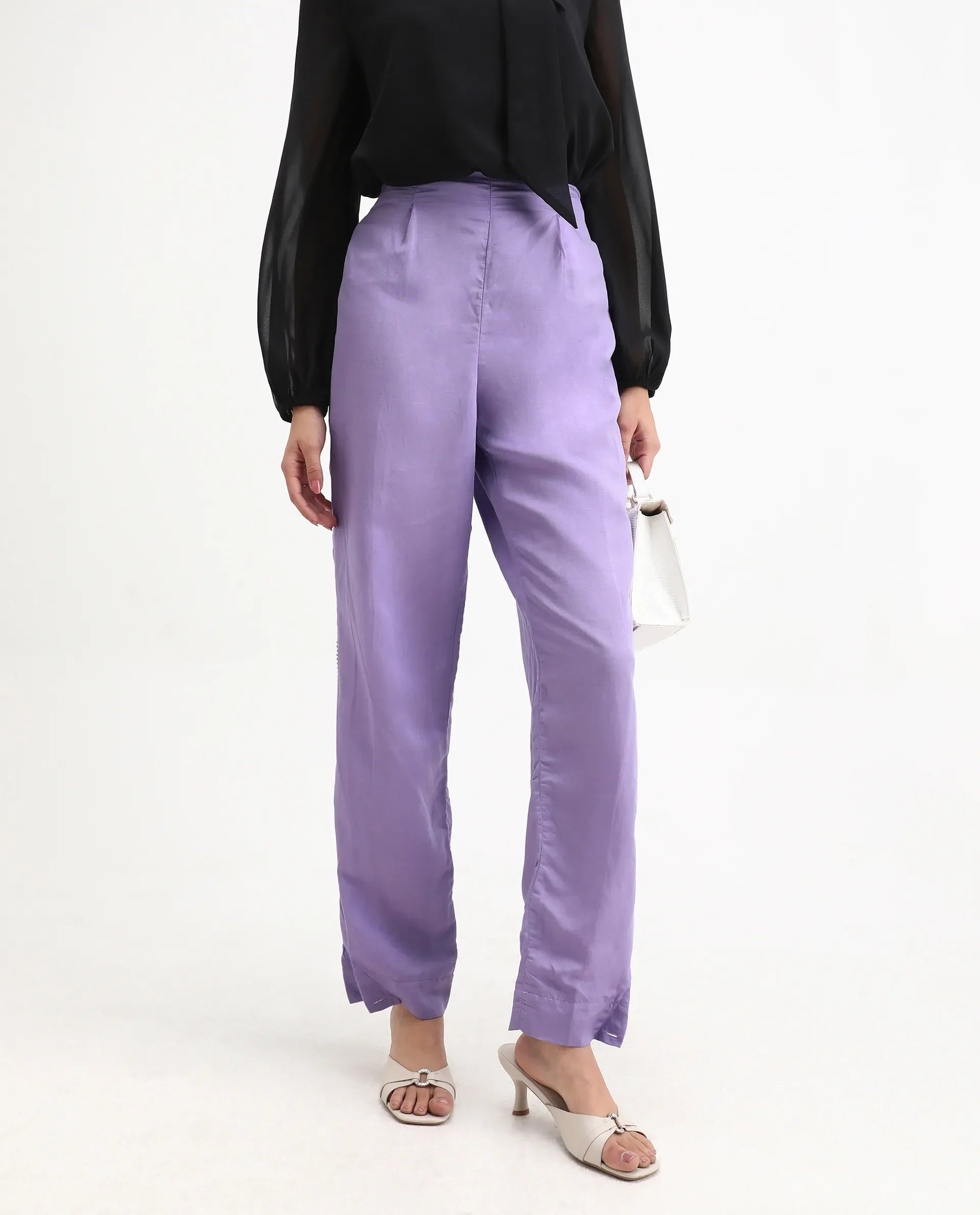 Rareism Women's Erin Purple Cotton Linen Plain Ankle Length Tailored Trouser