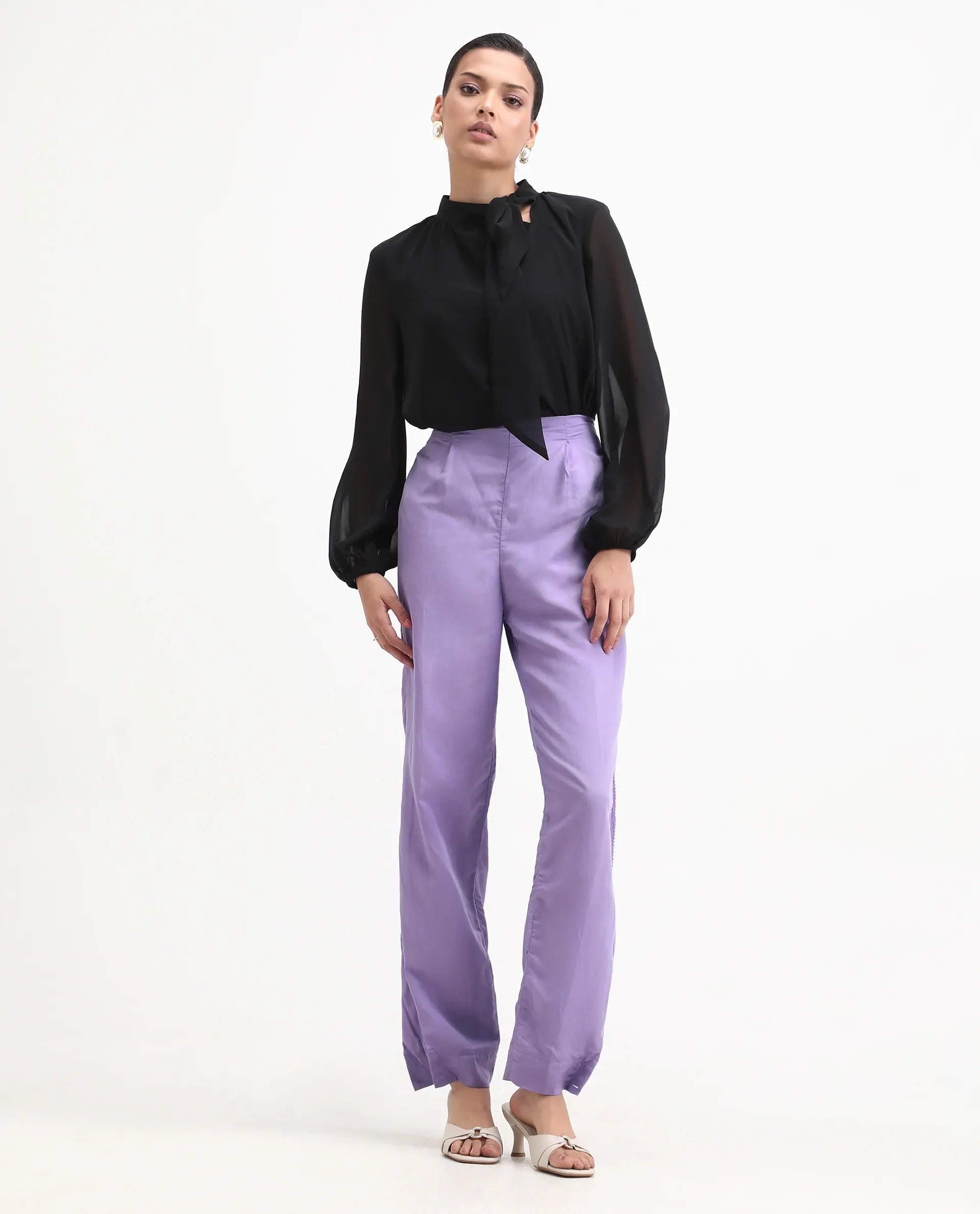 Rareism Women's Erin Purple Cotton Linen Plain Ankle Length Tailored Trouser