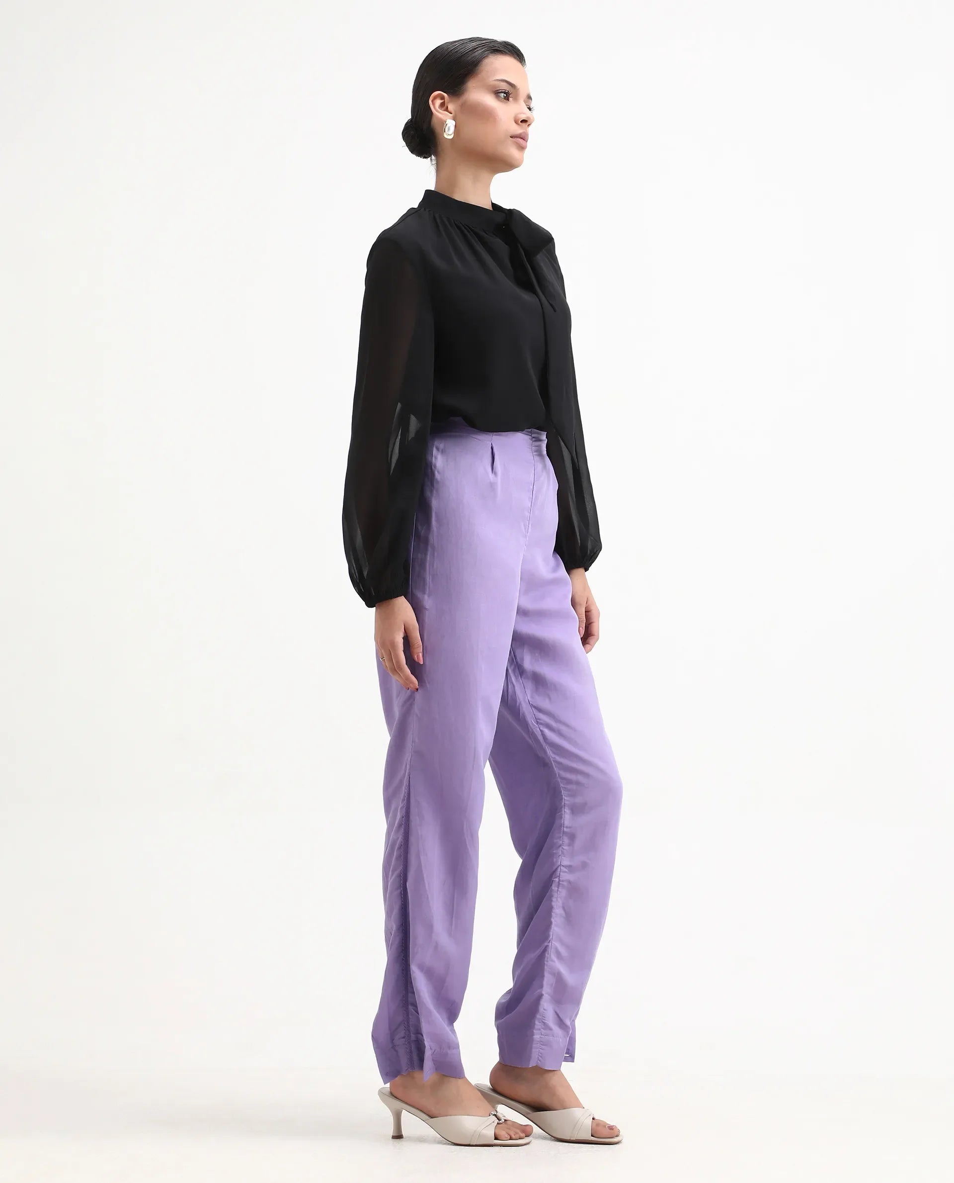 Rareism Women's Erin Purple Cotton Linen Plain Ankle Length Tailored Trouser
