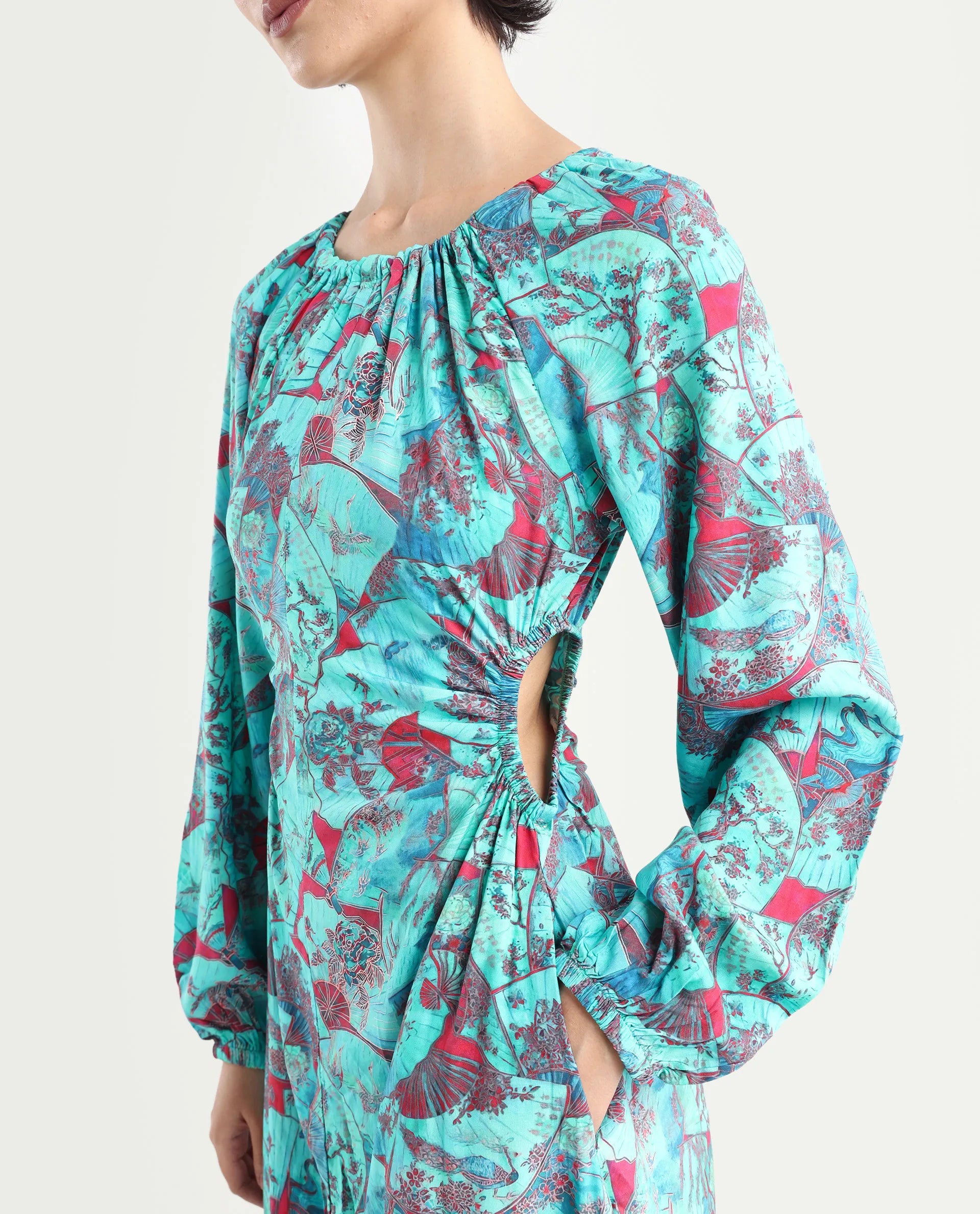 Rareism Women's Viscose Crew Neck Abstract Print Puff Sleeves Maxi A-Line Dress