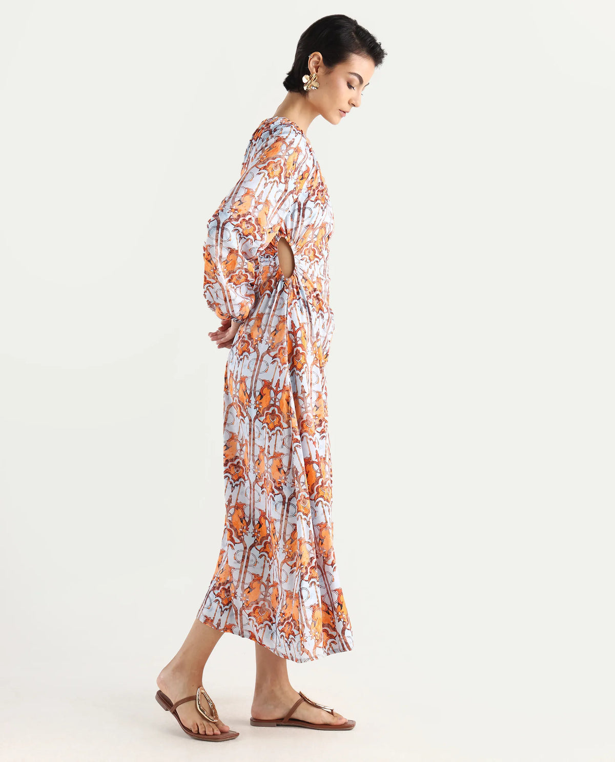 Rareism Women's Eritra Light Multi Viscose Crew Neck Abstract Print Puff Sleeves Maxi A-Line Dress