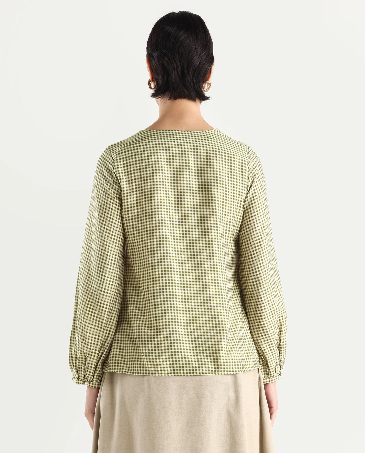 Rareism Women's Erlinee Olive Polyester Tie-Up Neck Flannel Print Bishop Sleeve Regular Fitted Top