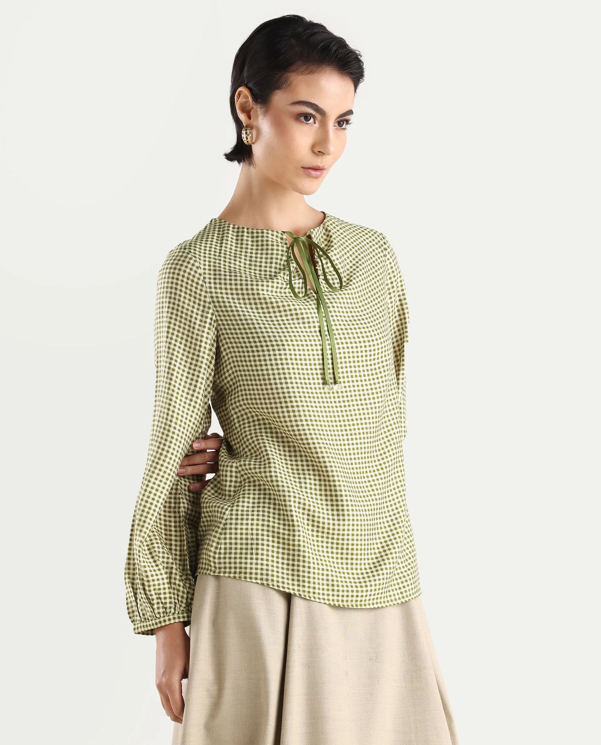 Rareism Women's Erlinee Olive Polyester Tie-Up Neck Flannel Print Bishop Sleeve Regular Fitted Top