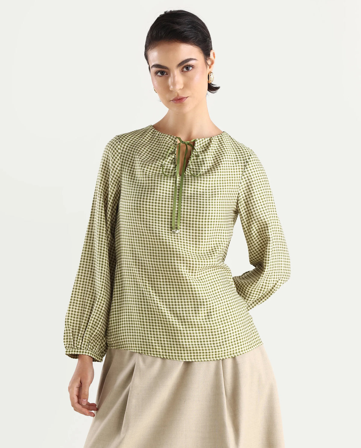 Rareism Women's Erlinee Olive Polyester Tie-Up Neck Flannel Print Bishop Sleeve Regular Fitted Top