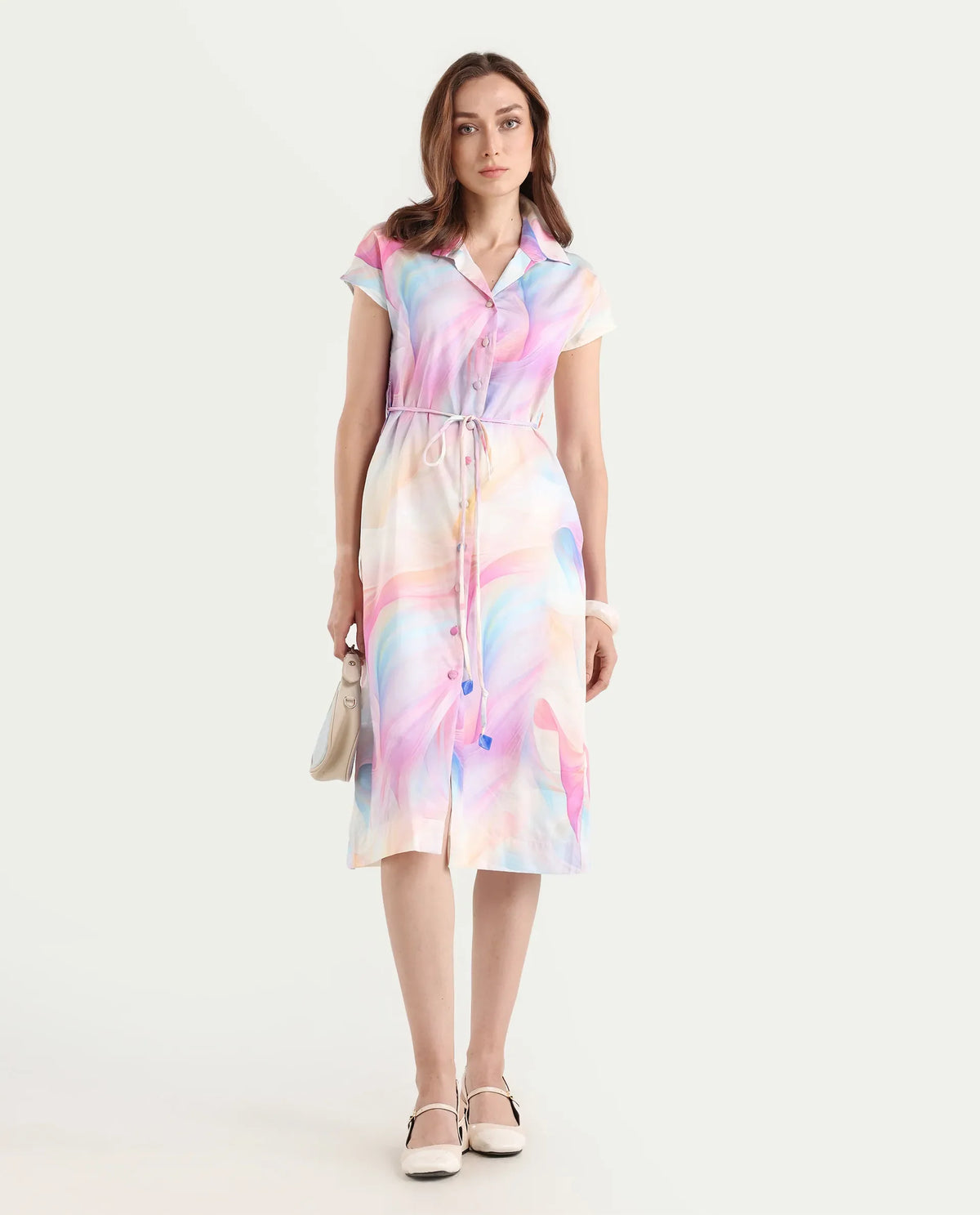 Rareism Women's Erlong Multi Cotton Blend Drop Collar Abstract Print Midi A-Line Dress