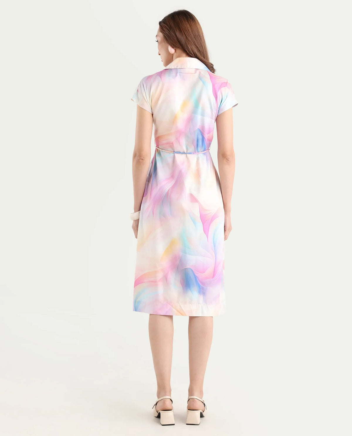 Rareism Women's Erlong Multi Cotton Blend Drop Collar Abstract Print Midi A-Line Dress