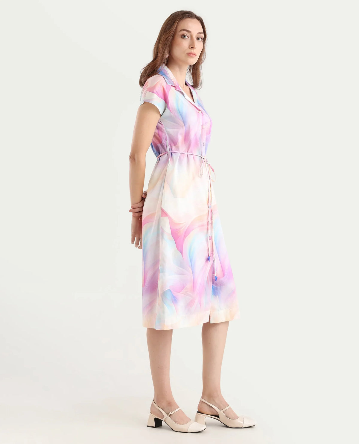 Rareism Women's Erlong Multi Cotton Blend Drop Collar Abstract Print Midi A-Line Dress