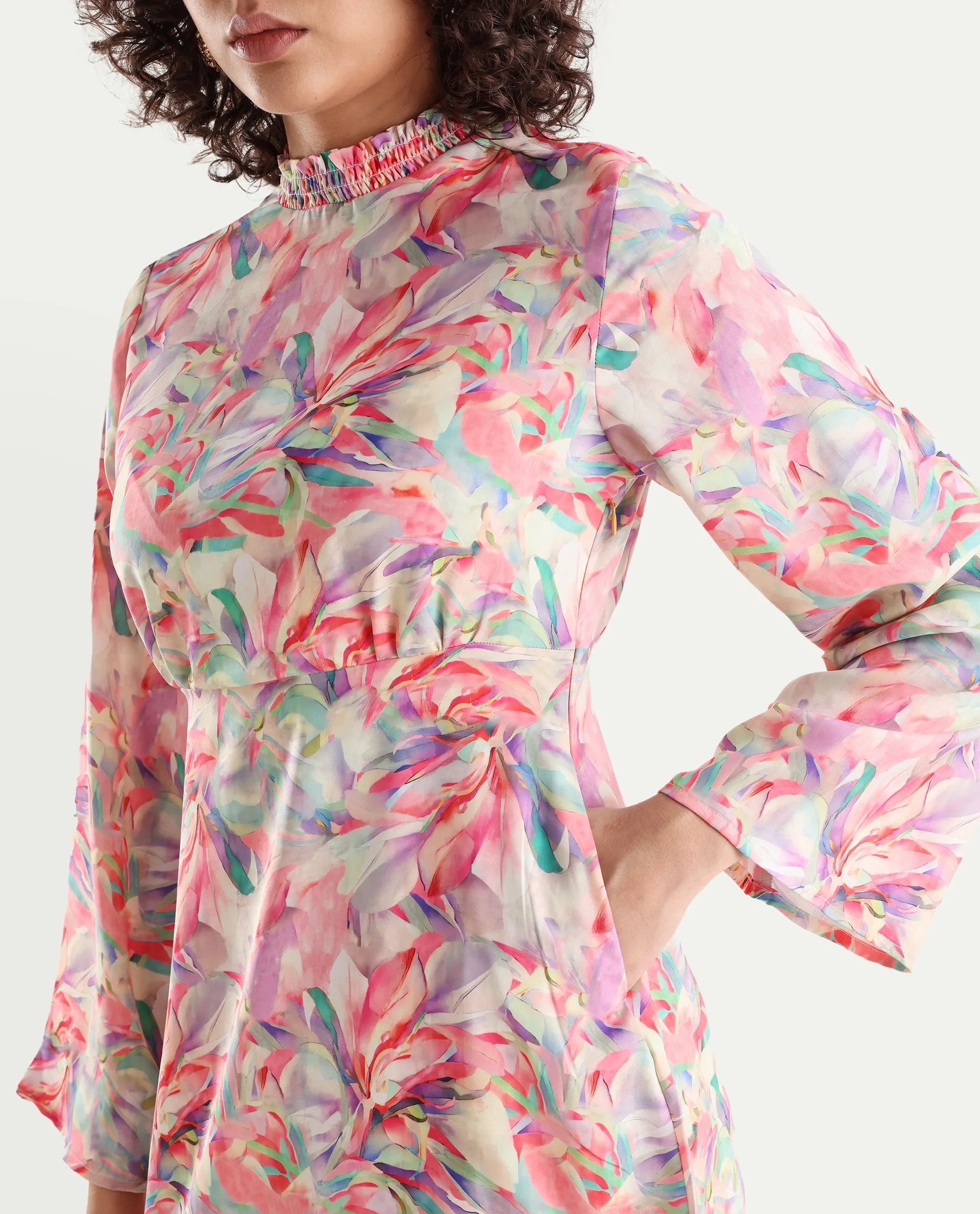 Rareism Women's Erry Light Multi Cotton Sweetheart Neck Abstract Print Bell Sleeve Knee Length Flared Dress