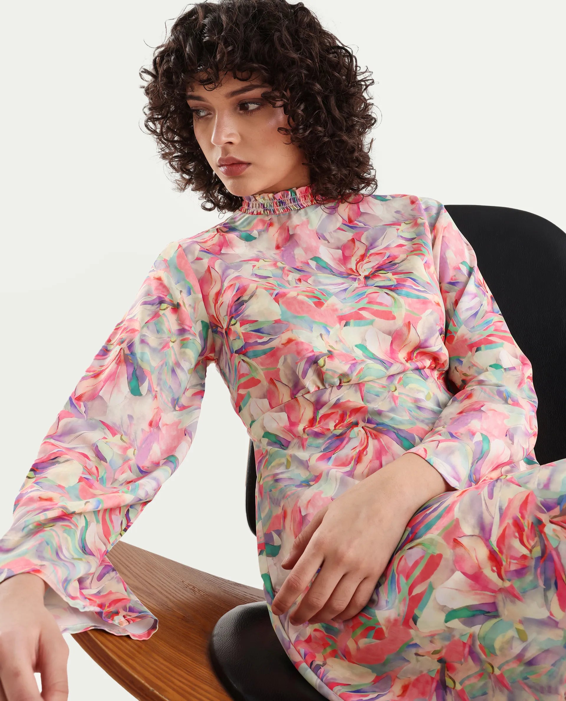 Rareism Women's Erry Light Multi Cotton Sweetheart Neck Abstract Print Bell Sleeve Knee Length Flared Dress