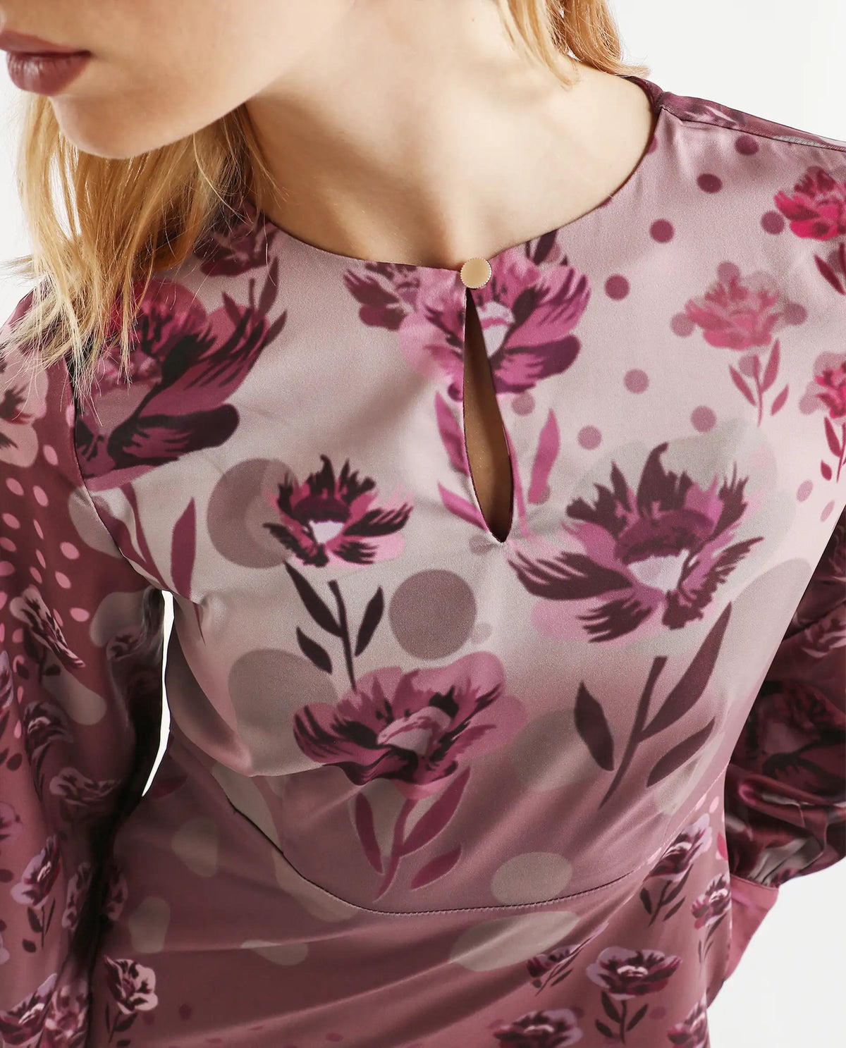 Rareism Women's Erzincan Multi Satin Crew Neck Floral Print Cuffed Sleeve Maxi A-Line Dress