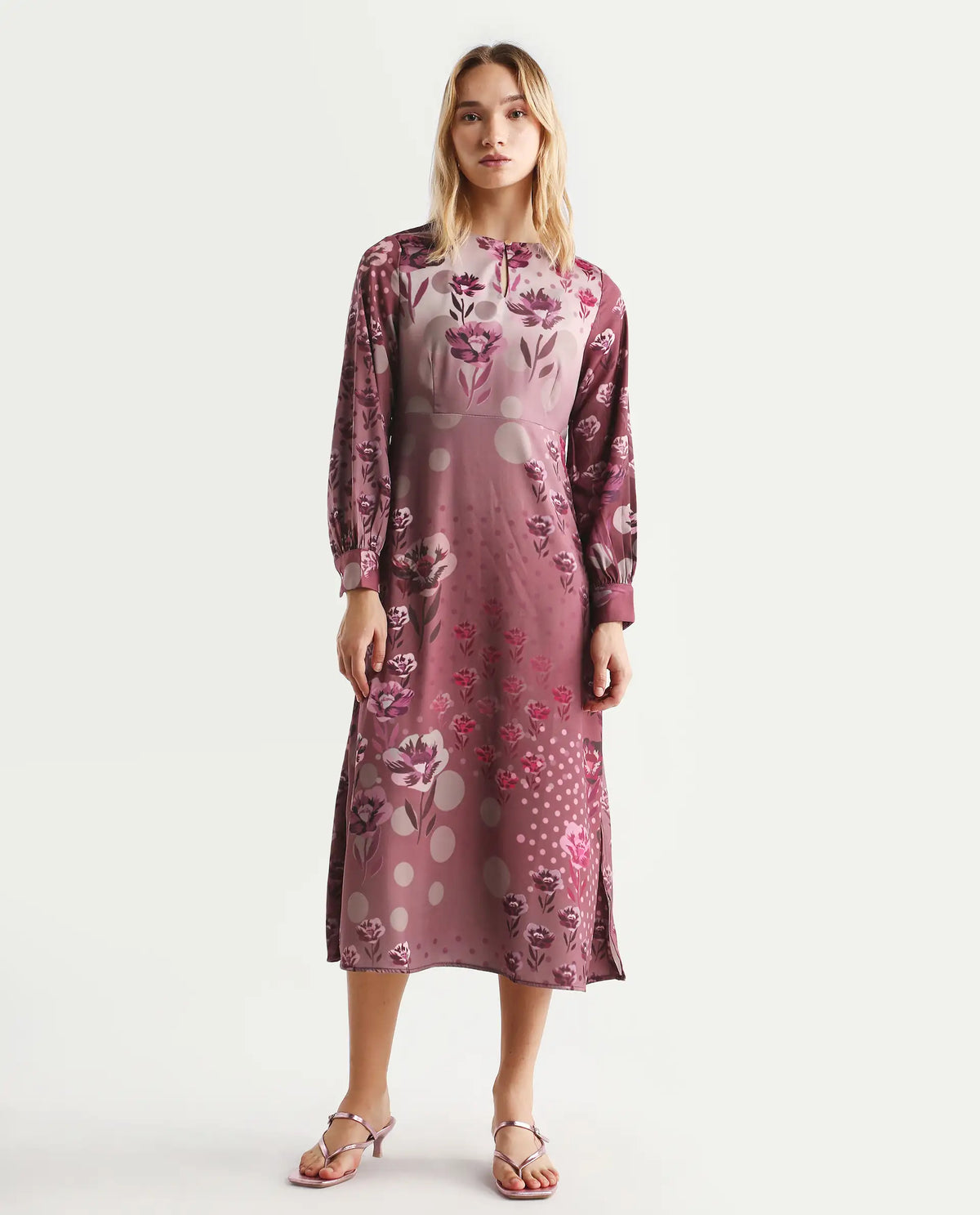 Rareism Women's Erzincan Multi Satin Crew Neck Floral Print Cuffed Sleeve Maxi A-Line Dress