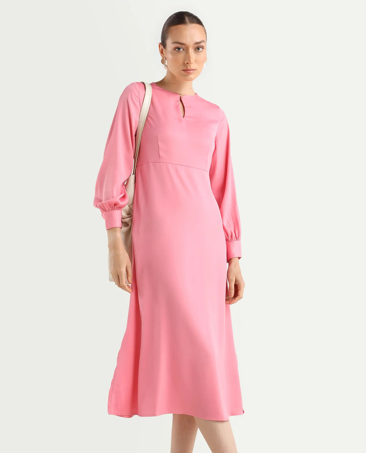 Rareism Women's Erzinc Pink Satin Key Hole Neck Plain Bishop Sleeve Midi Fit And Flare Dress