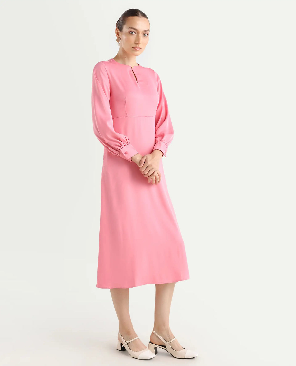 Rareism Women's Erzinc Pink Satin Key Hole Neck Plain Bishop Sleeve Midi Fit And Flare Dress