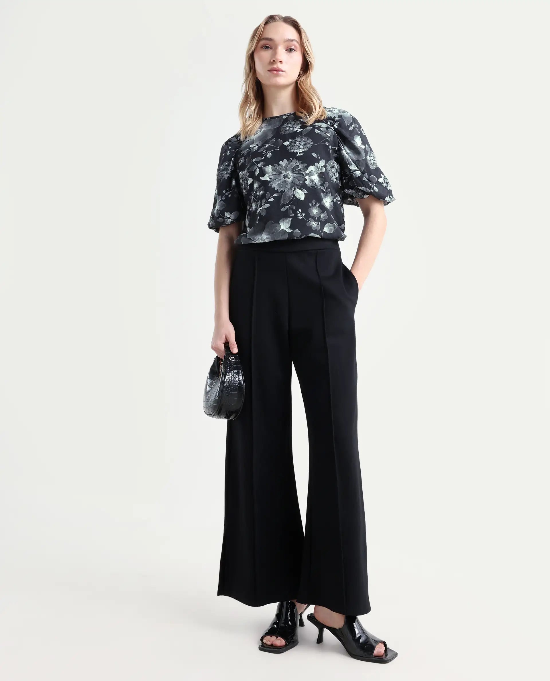 Rareism Women's Esme Black Viscose Crew Neck Floral Print Puff Sleeves Crop Regular Fit Top