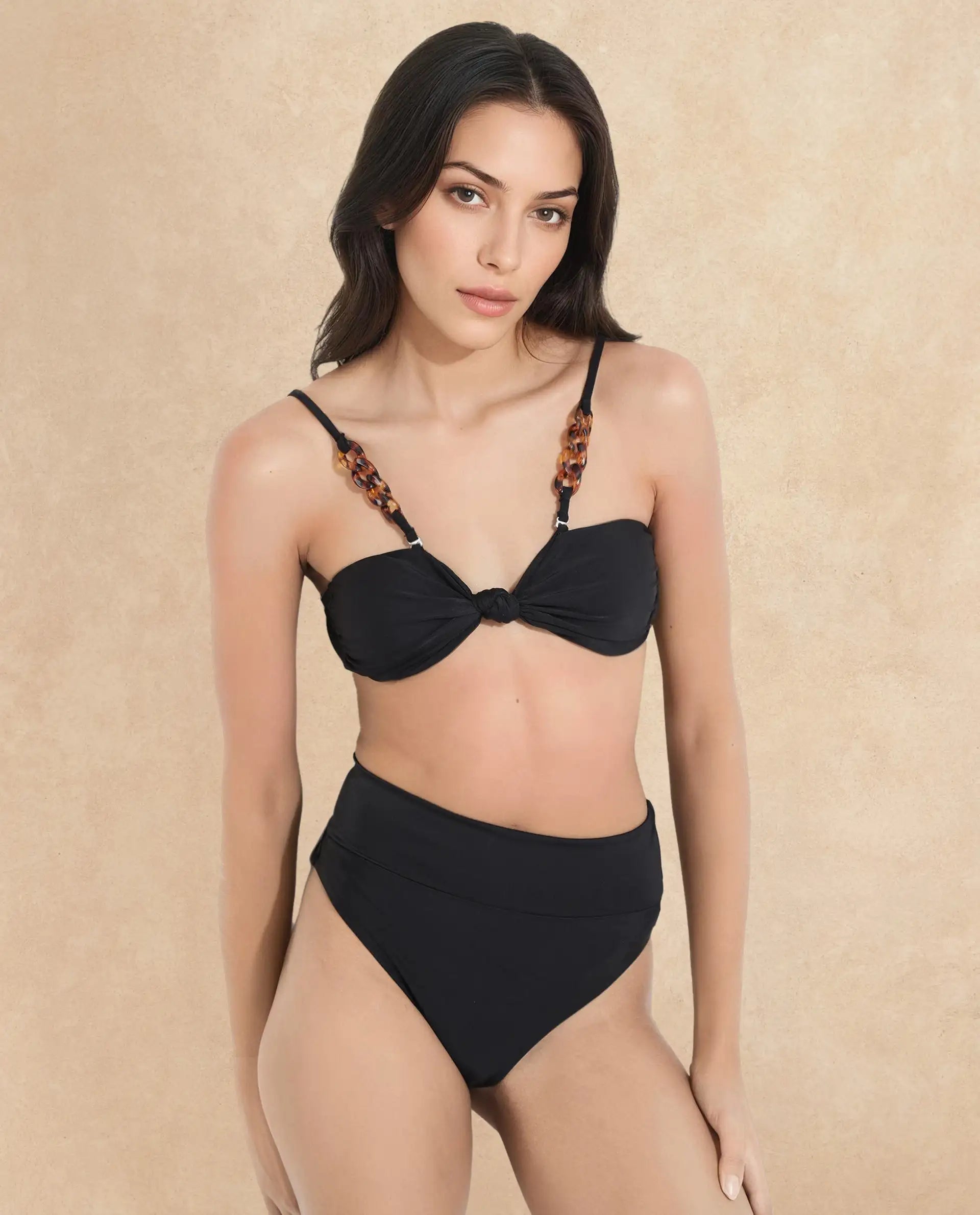 Rareism Women Esme Black Poly Lycra Fabric Sleeveless Shoulder Straps Tie Up Closure Knit Plain Bodysuit Mini Swimsuit