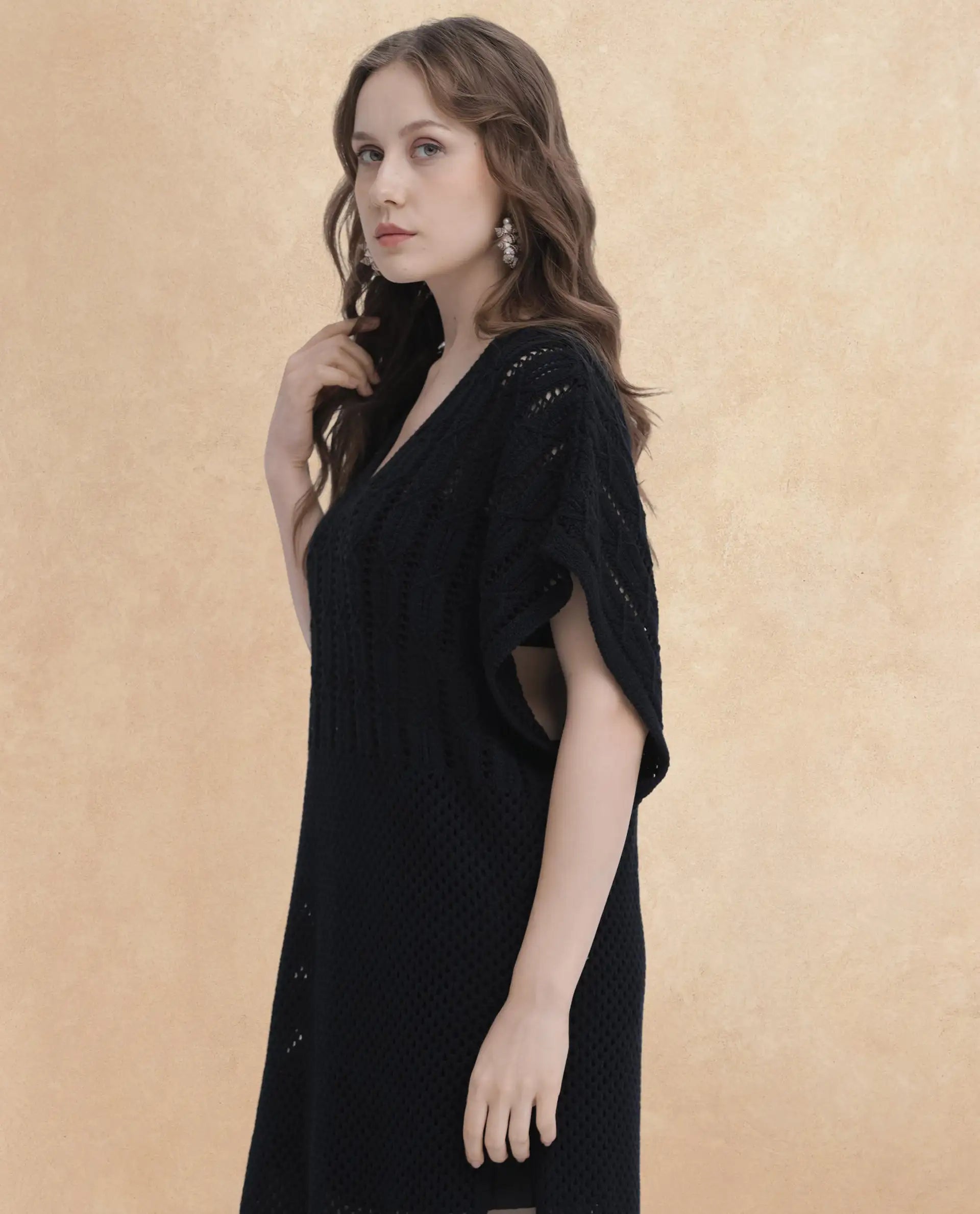 Rareism Women Espantiago Black Cotton Fabric Short Sleeves V-Neck Extended Sleeve Relaxed Fit Plain Knee Length Dress